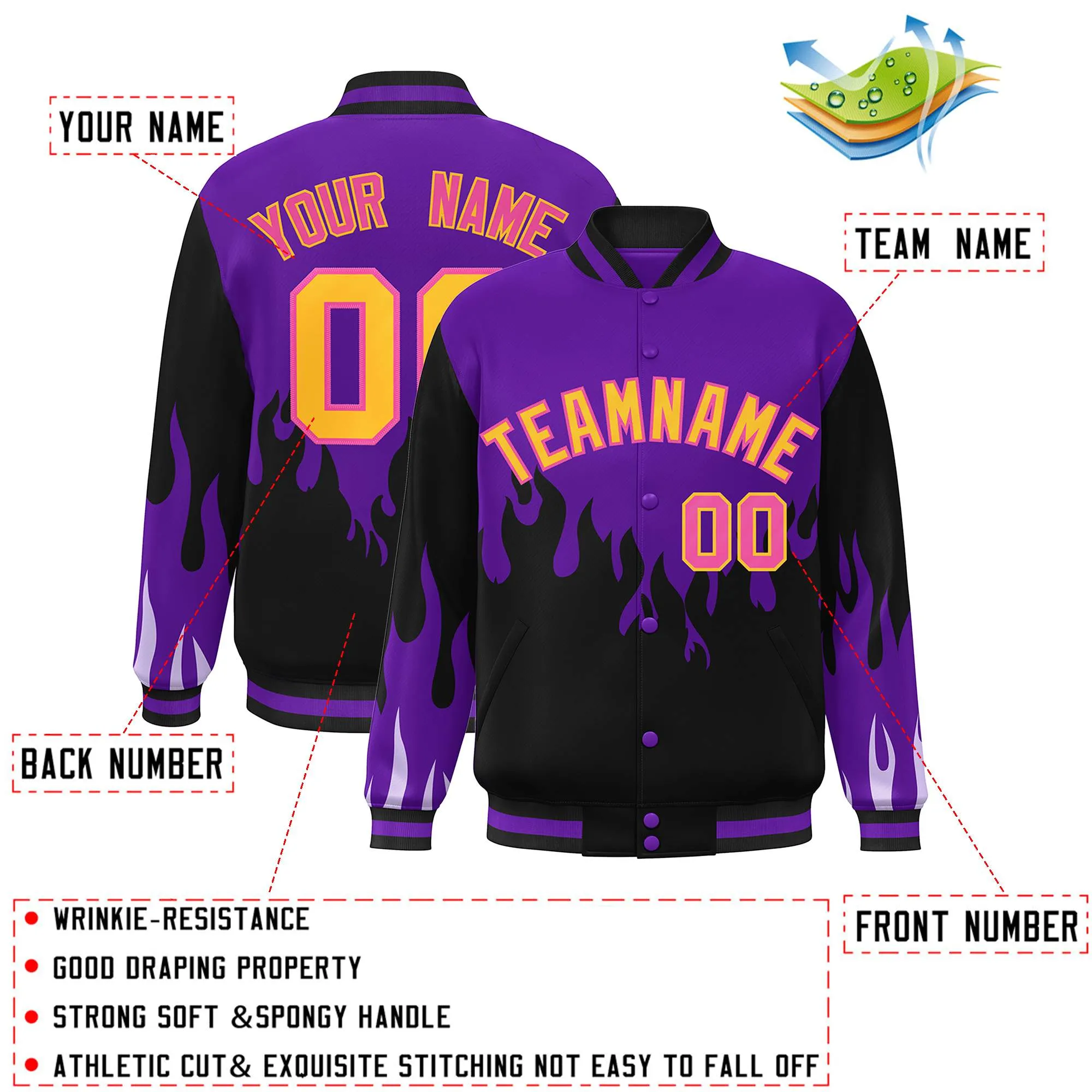 Custom Graffiti Pattern Flame Personalized Stitched Name Number Bomber Jackets Men's Varsity Full-Snap Jacket
