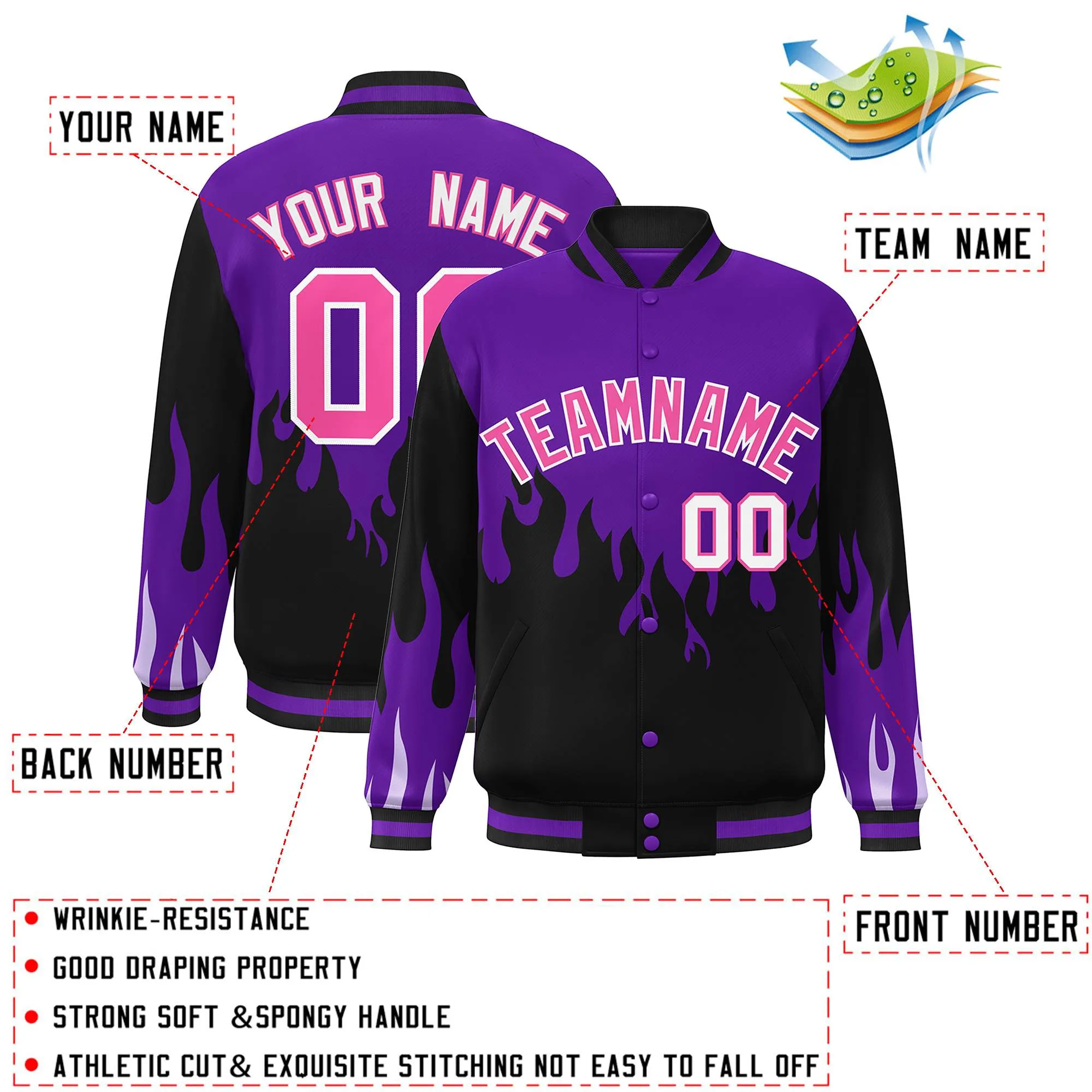 Custom Graffiti Pattern Flame Personalized Stitched Name Number Bomber Jackets Men's Varsity Full-Snap Jacket
