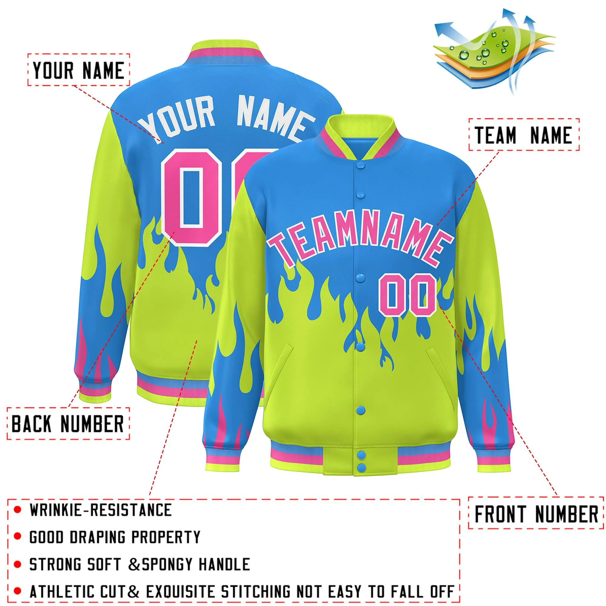 Custom Graffiti Pattern Flame Personalized Stitched Name Number Bomber Jackets Men's Varsity Full-Snap Jacket