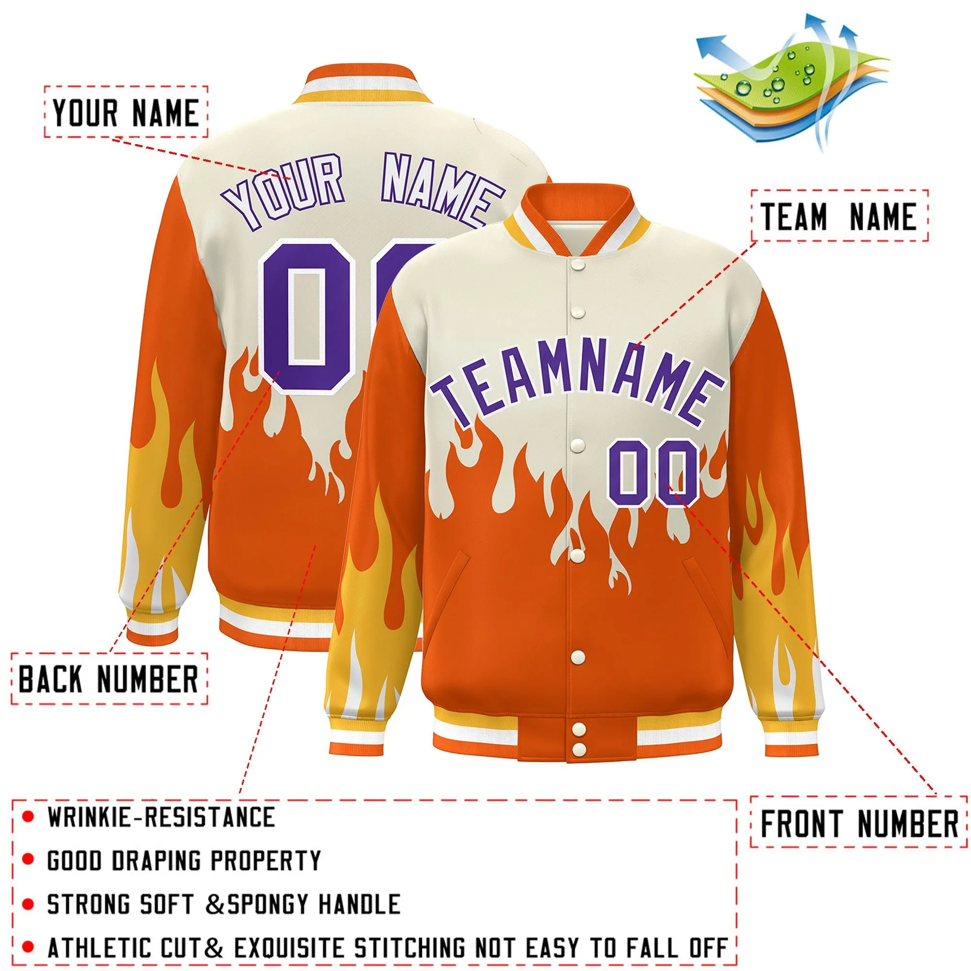 Custom Graffiti Pattern Flame Personalized Stitched Name Number Bomber Jackets Men's Varsity Full-Snap Jacket