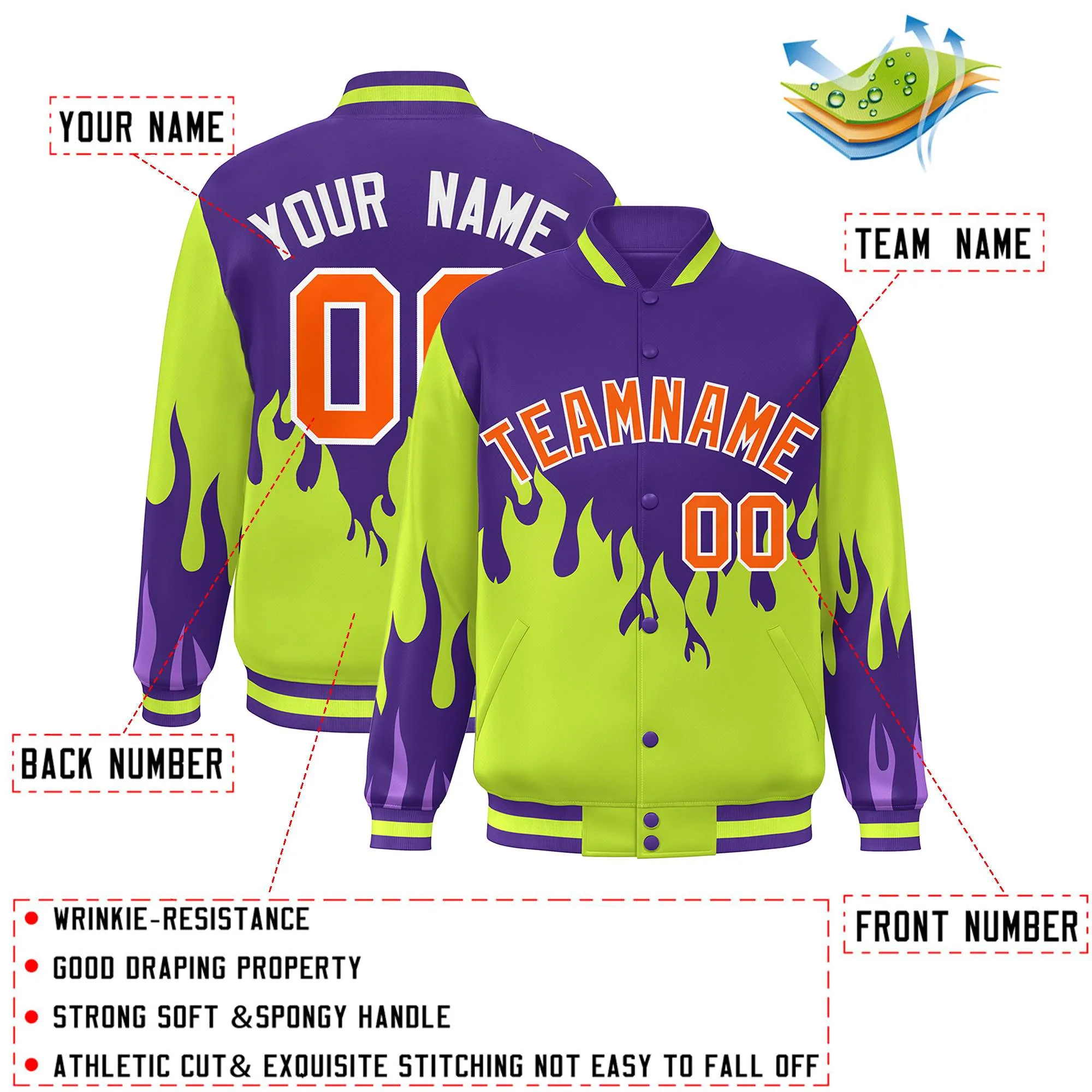 Custom Graffiti Pattern Flame Personalized Stitched Name Number Bomber Jackets Men's Varsity Full-Snap Jacket