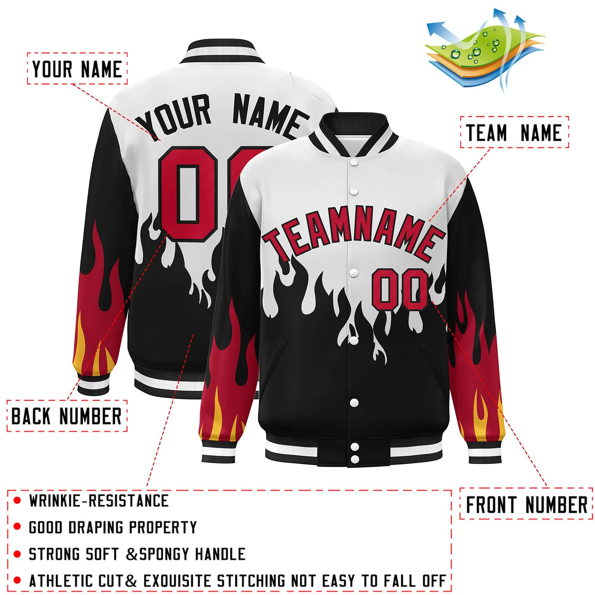 Custom Graffiti Pattern Flame Personalized Stitched Name Number Bomber Jackets Men's Varsity Full-Snap Jacket