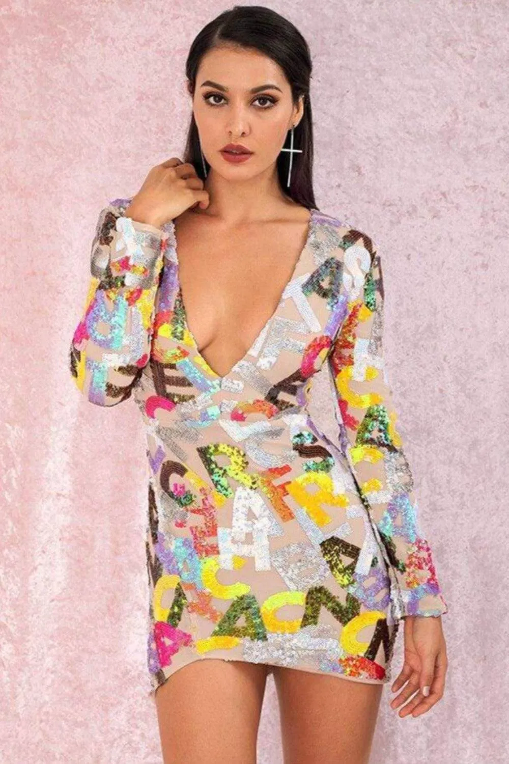 Cut Out Letter Sequins Bodycon Mini Dress
