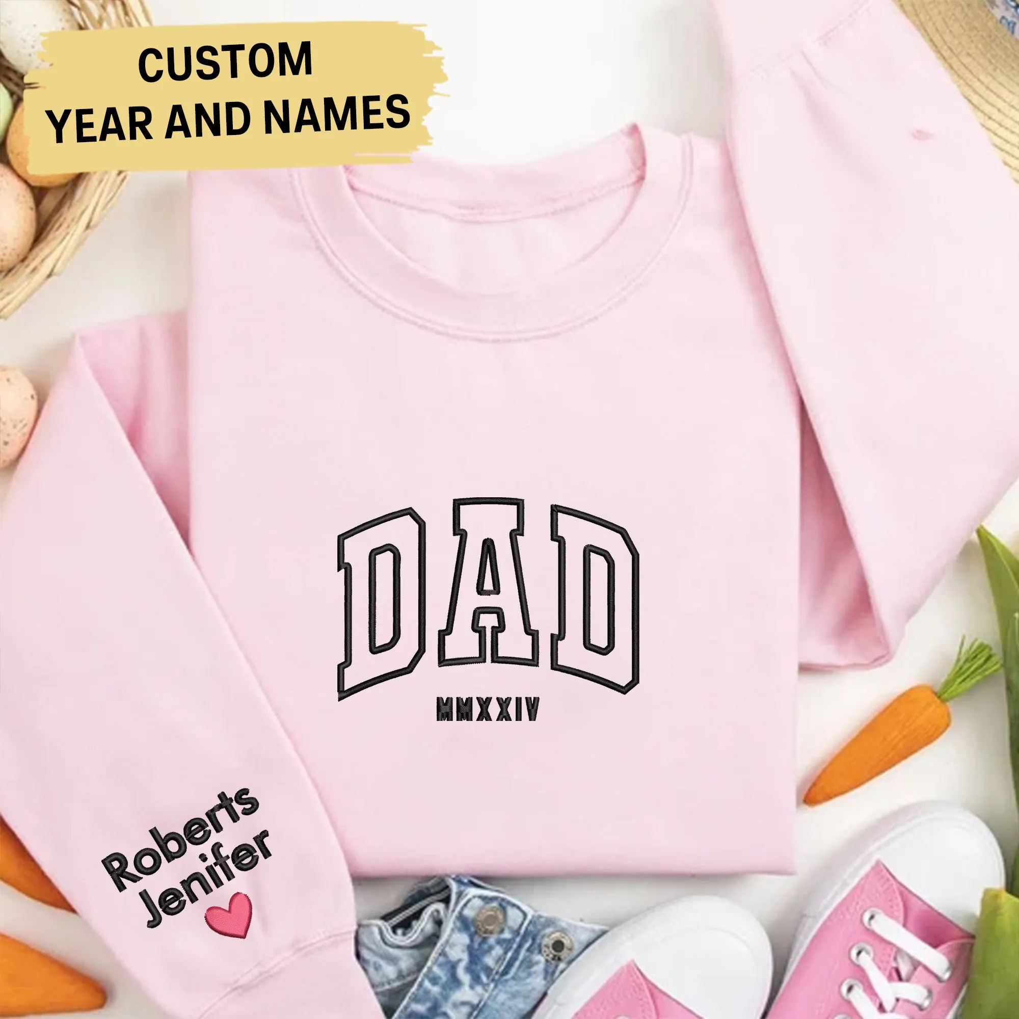 Dad Embroidered Sweatshirt, Custom Dad Shirt With Kids Names, Heart On Sleeve, Daddy Est Year Hoodie, Gift For New Dad, Father's Day Gift