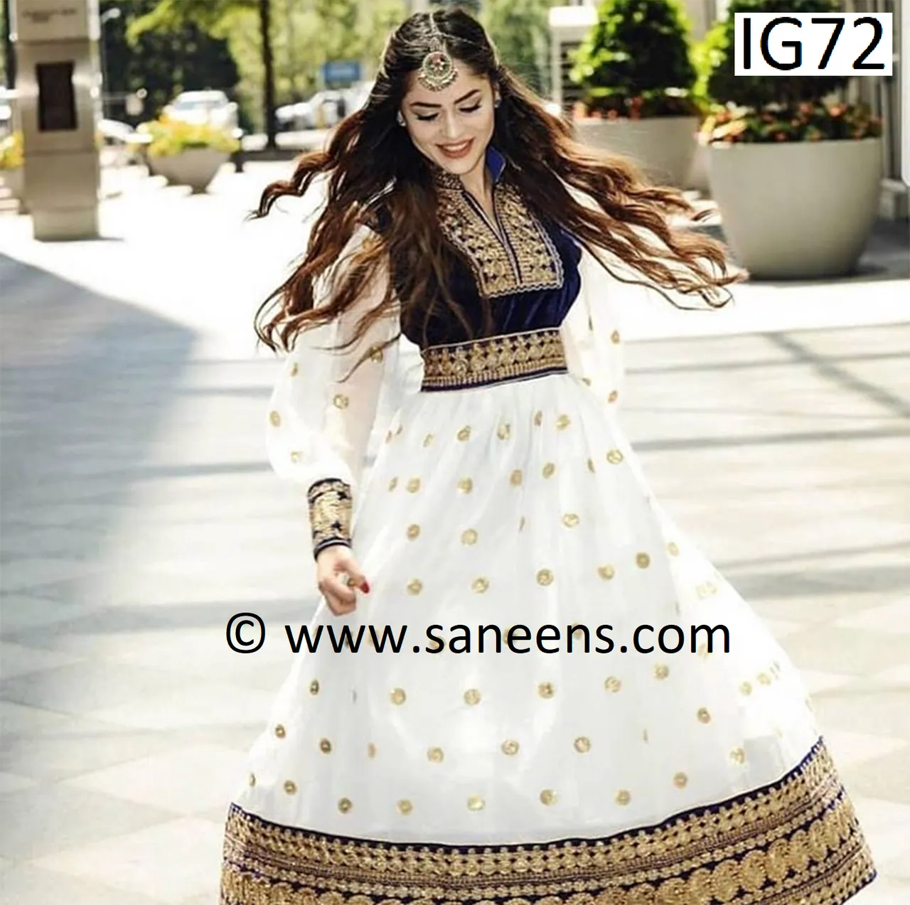 Elegant White & Blue Afghan Dress