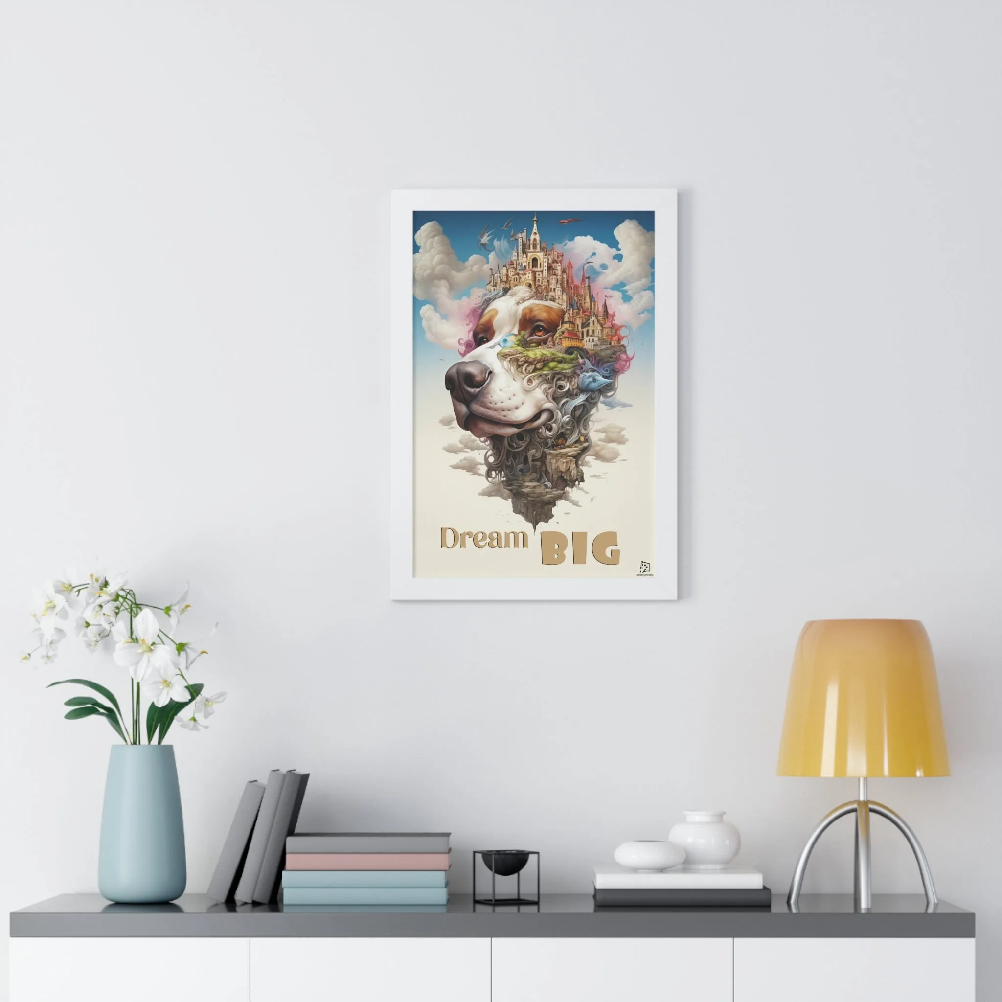 Fantasy Dog Wall Print, Motivation Quote, Futuristic Style Illustration, Framed Vertical Poster