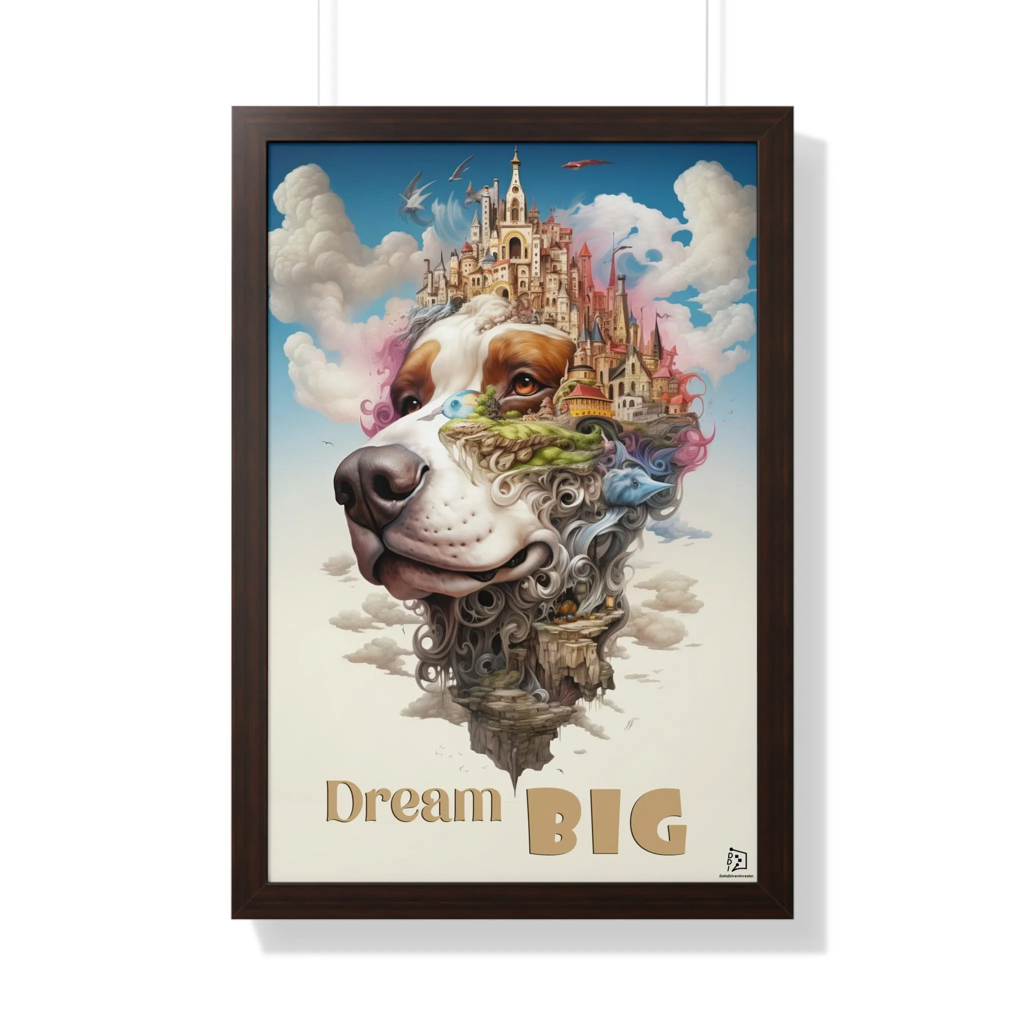 Fantasy Dog Wall Print, Motivation Quote, Futuristic Style Illustration, Framed Vertical Poster