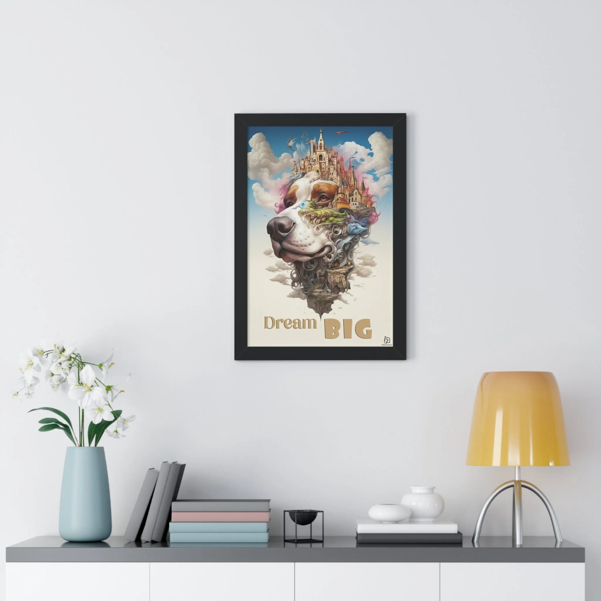 Fantasy Dog Wall Print, Motivation Quote, Futuristic Style Illustration, Framed Vertical Poster