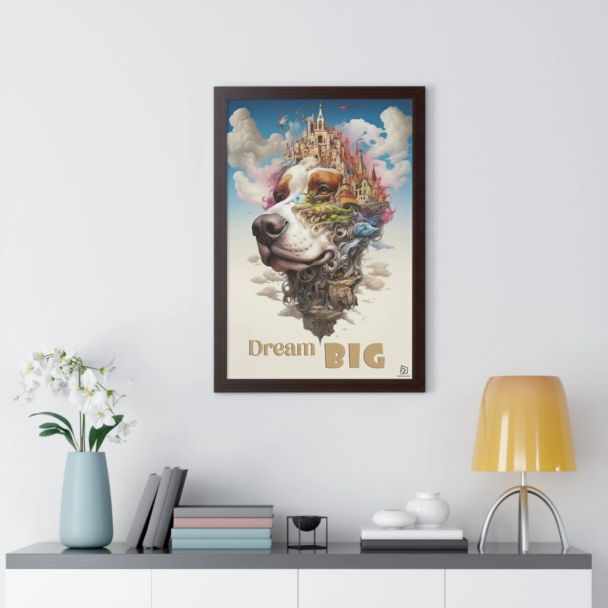 Fantasy Dog Wall Print, Motivation Quote, Futuristic Style Illustration, Framed Vertical Poster
