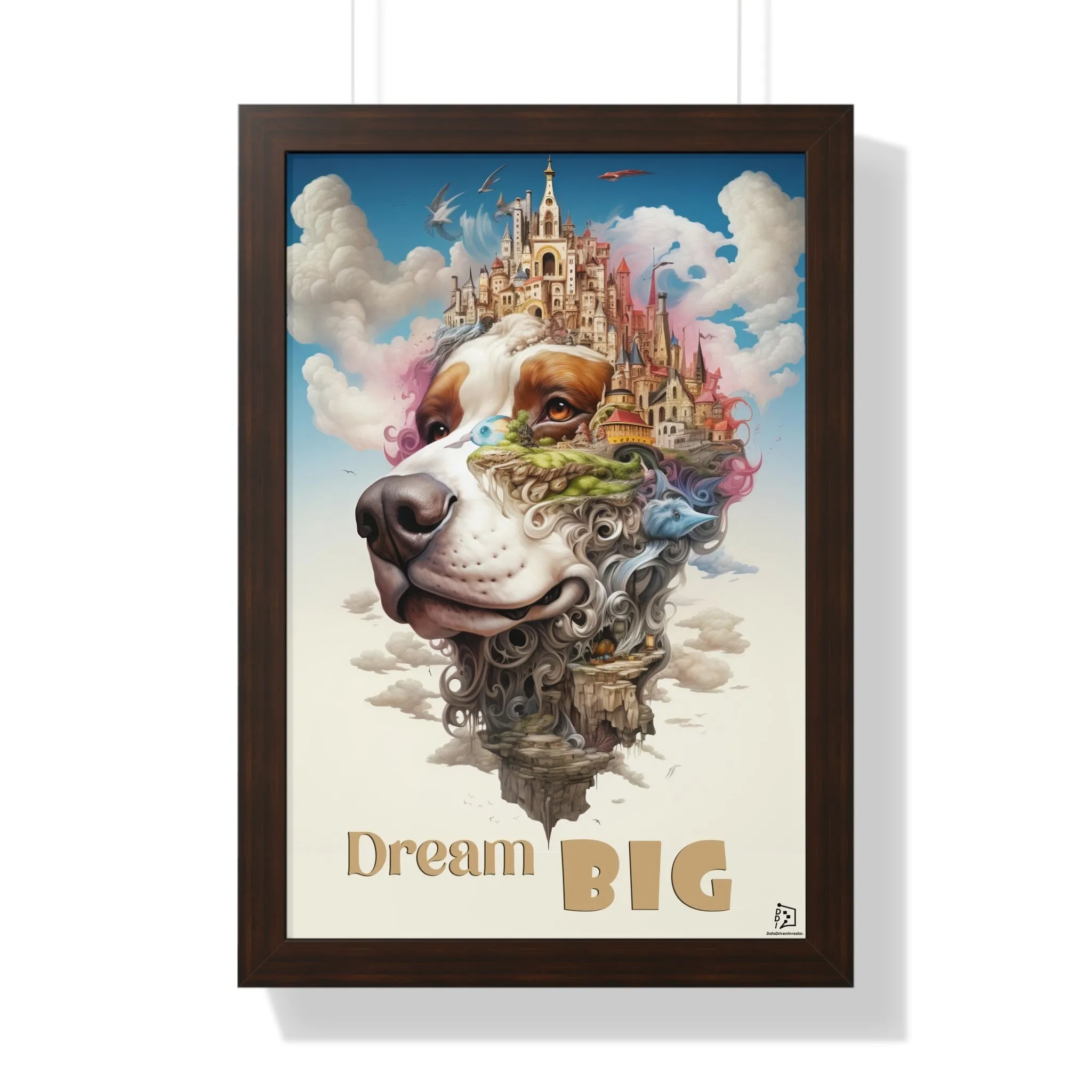 Fantasy Dog Wall Print, Motivation Quote, Futuristic Style Illustration, Framed Vertical Poster