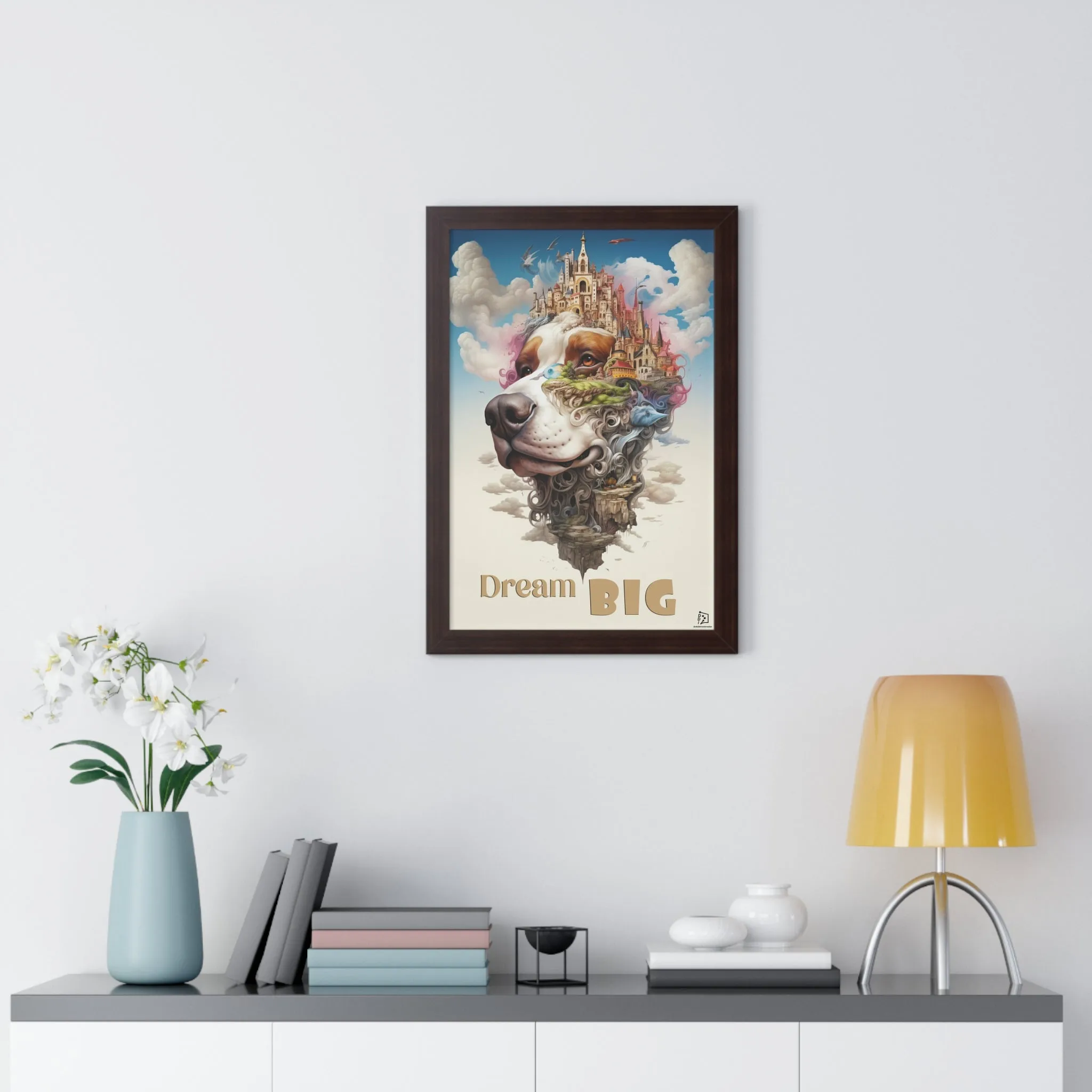 Fantasy Dog Wall Print, Motivation Quote, Futuristic Style Illustration, Framed Vertical Poster