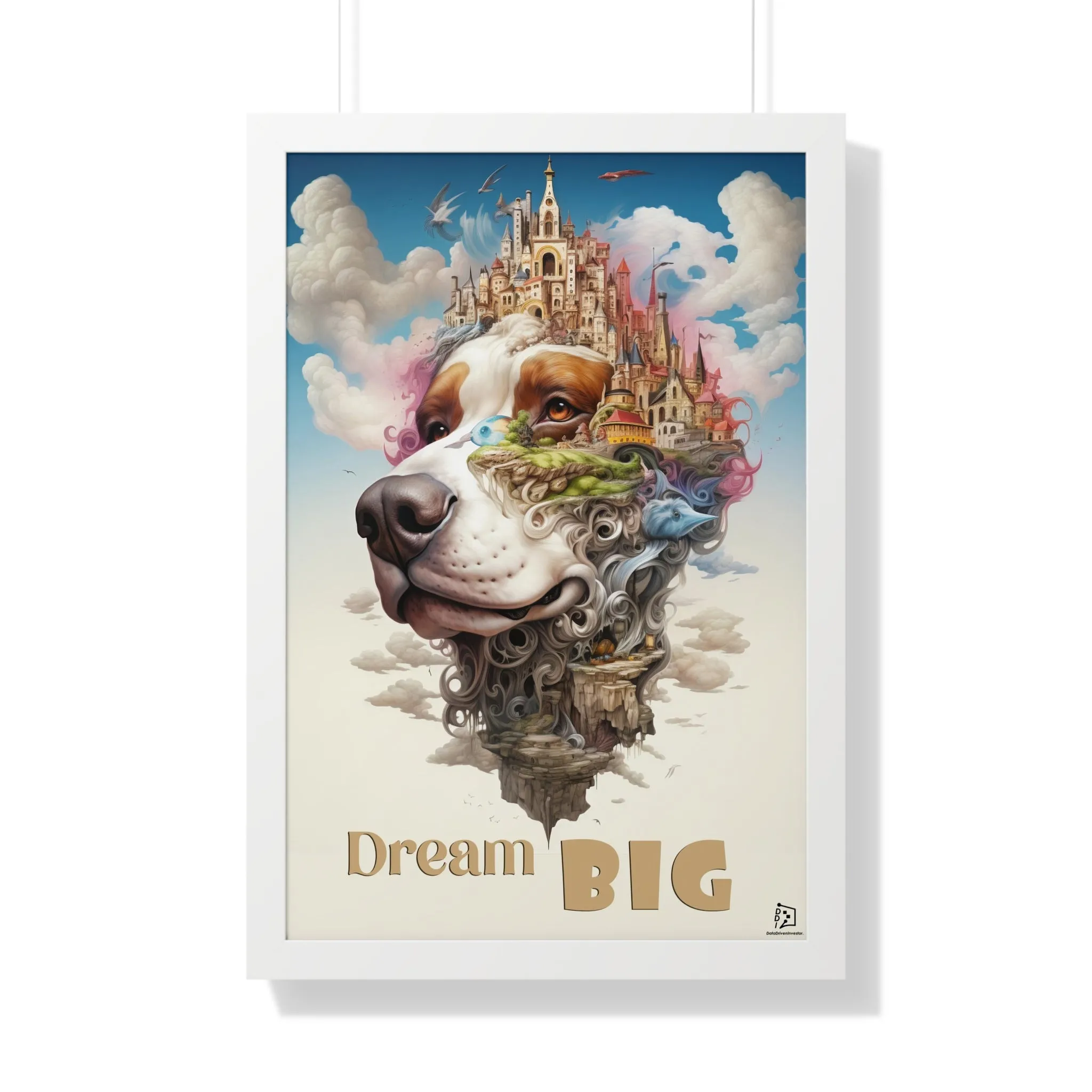 Fantasy Dog Wall Print, Motivation Quote, Futuristic Style Illustration, Framed Vertical Poster