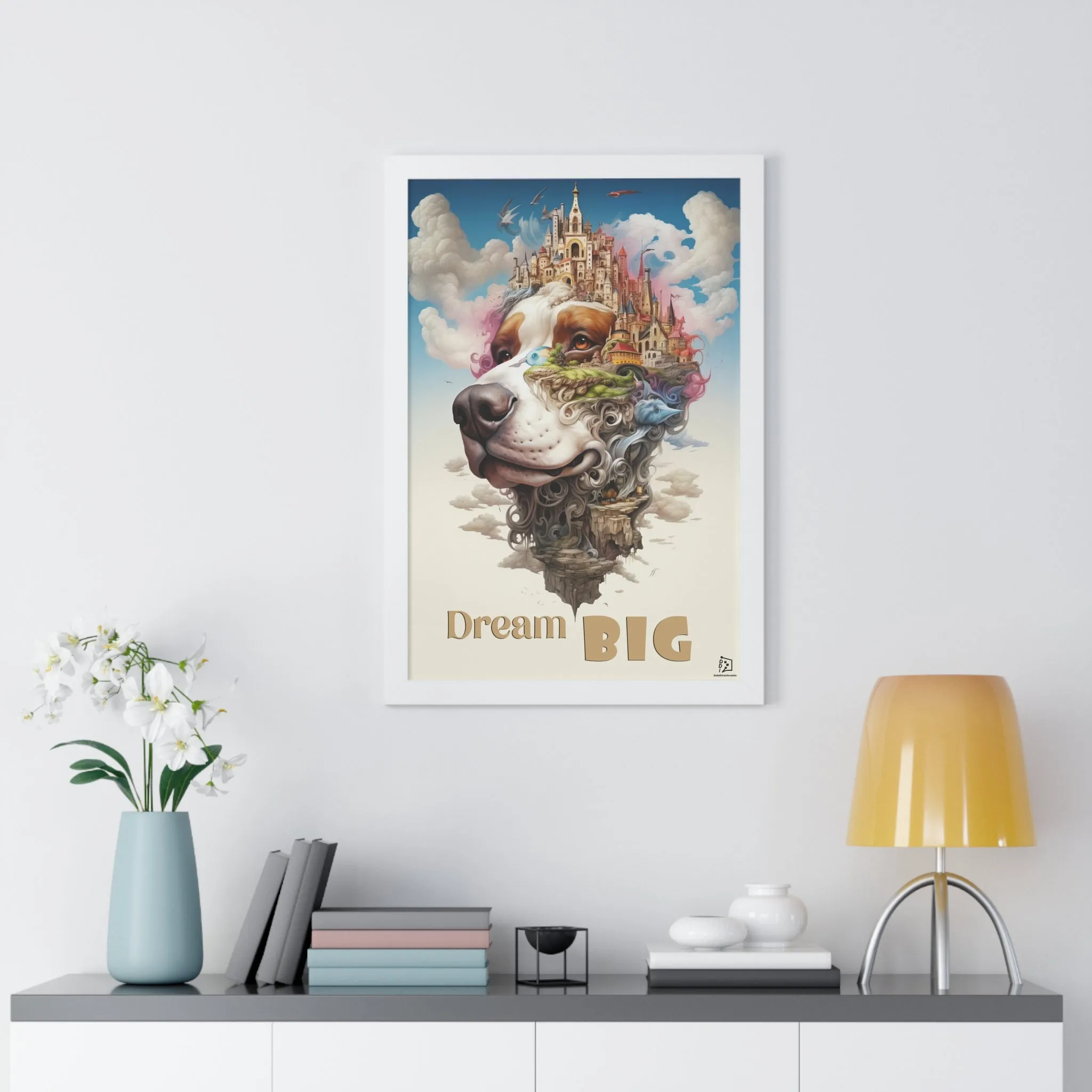 Fantasy Dog Wall Print, Motivation Quote, Futuristic Style Illustration, Framed Vertical Poster