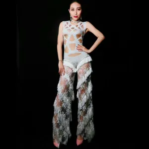 Fashion Lace Rhinestone Tassel Jumpsuit Women Stage Rompers Leggings