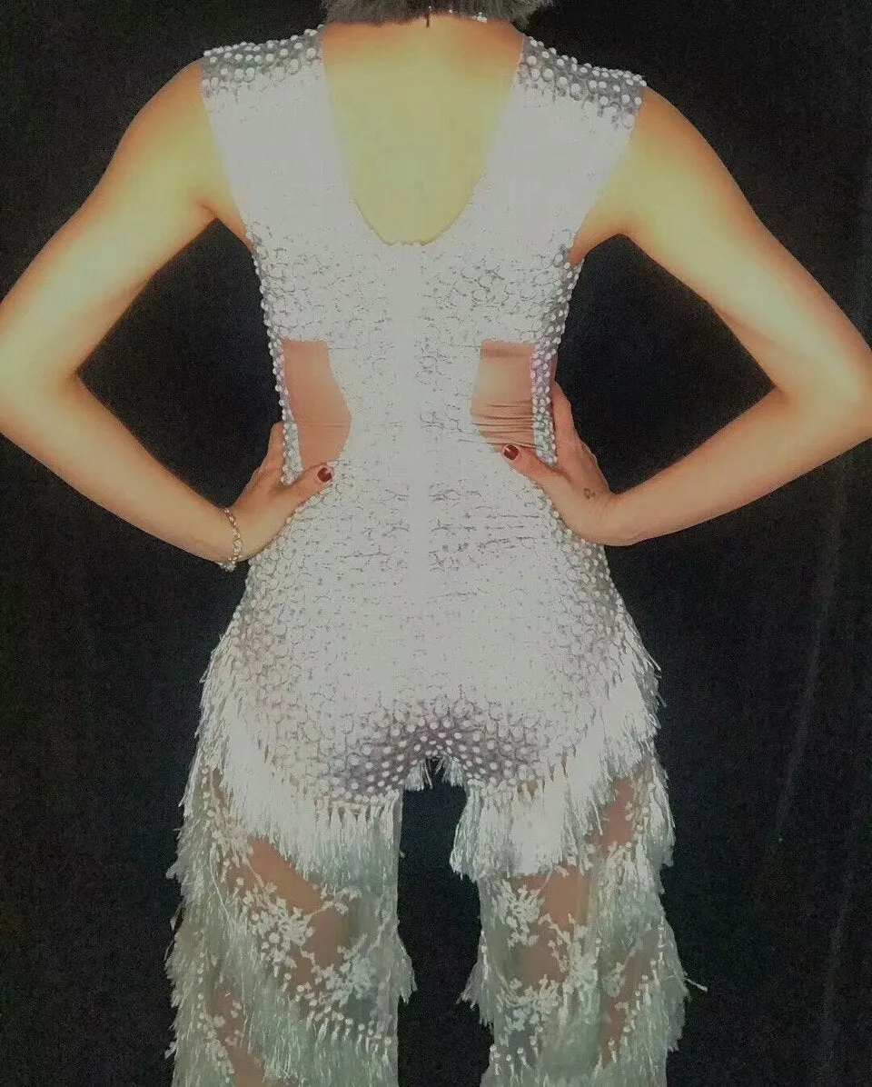 Fashion Lace Rhinestone Tassel Jumpsuit Women Stage Rompers Leggings