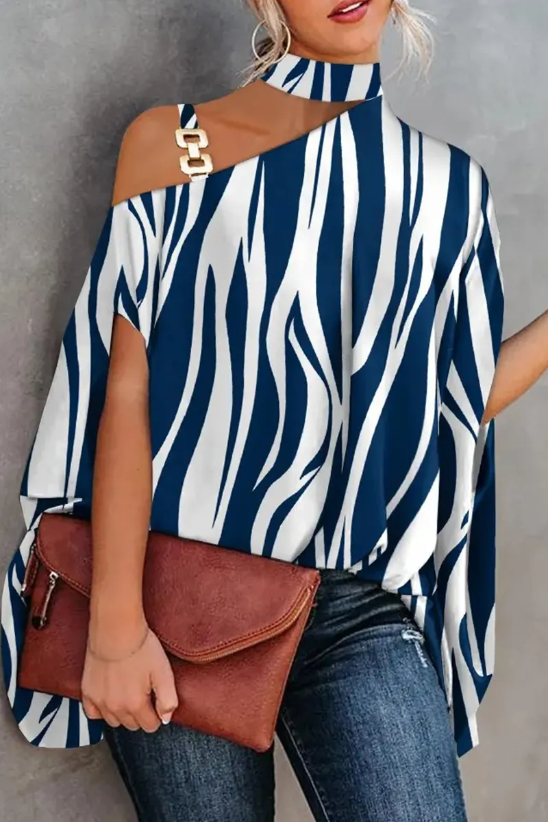 Fashion Print Patchwork One Shoulder Tops(5 Colors)