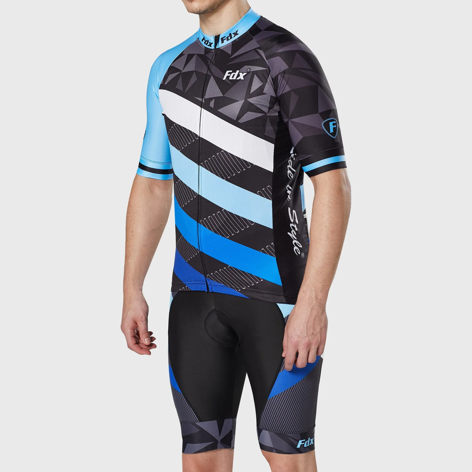 Fdx Men's & Boy's Set Equin Blue Short Sleeve Summer Cycling Jersey & Bib Shorts