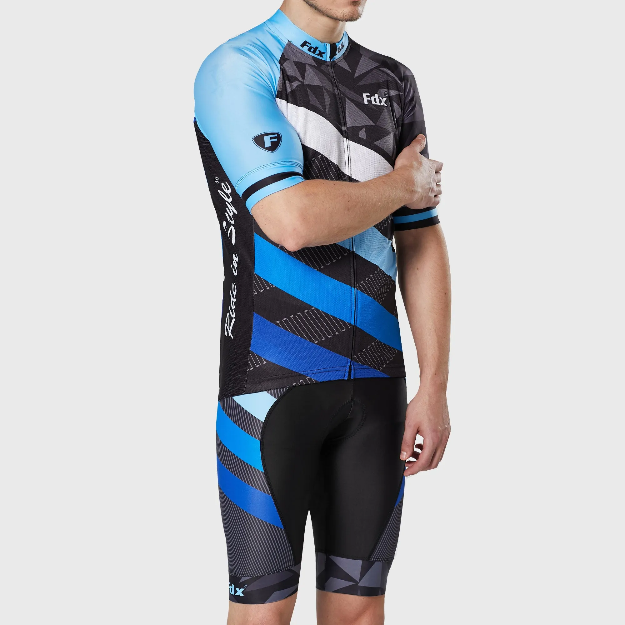 Fdx Men's & Boy's Set Equin Blue Short Sleeve Summer Cycling Jersey & Bib Shorts