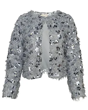 Feathered Sequin Cardigan in Silver