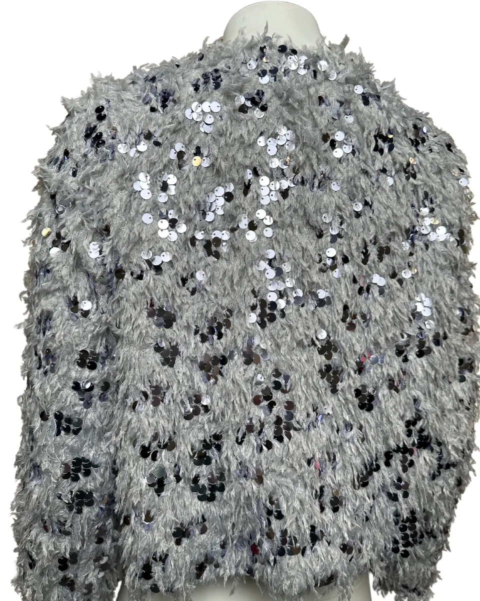 Feathered Sequin Cardigan in Silver