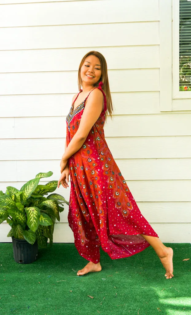 Fiery Peacock Feather Boho Jumpsuit