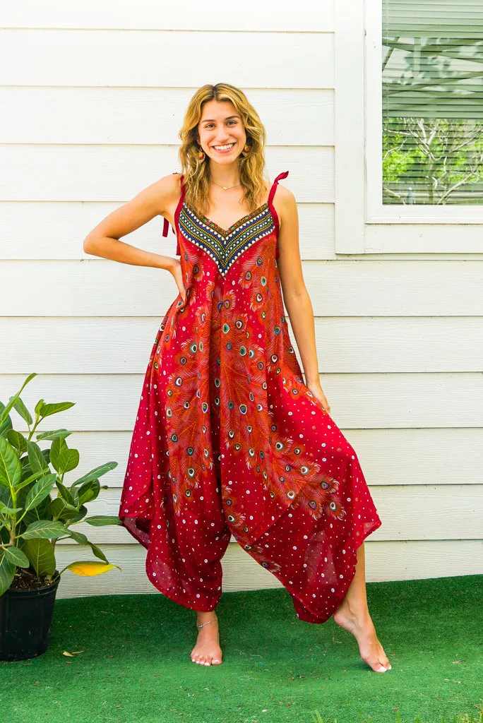 Fiery Peacock Feather Boho Jumpsuit