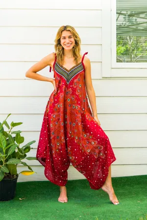 Fiery Peacock Feather Boho Jumpsuit