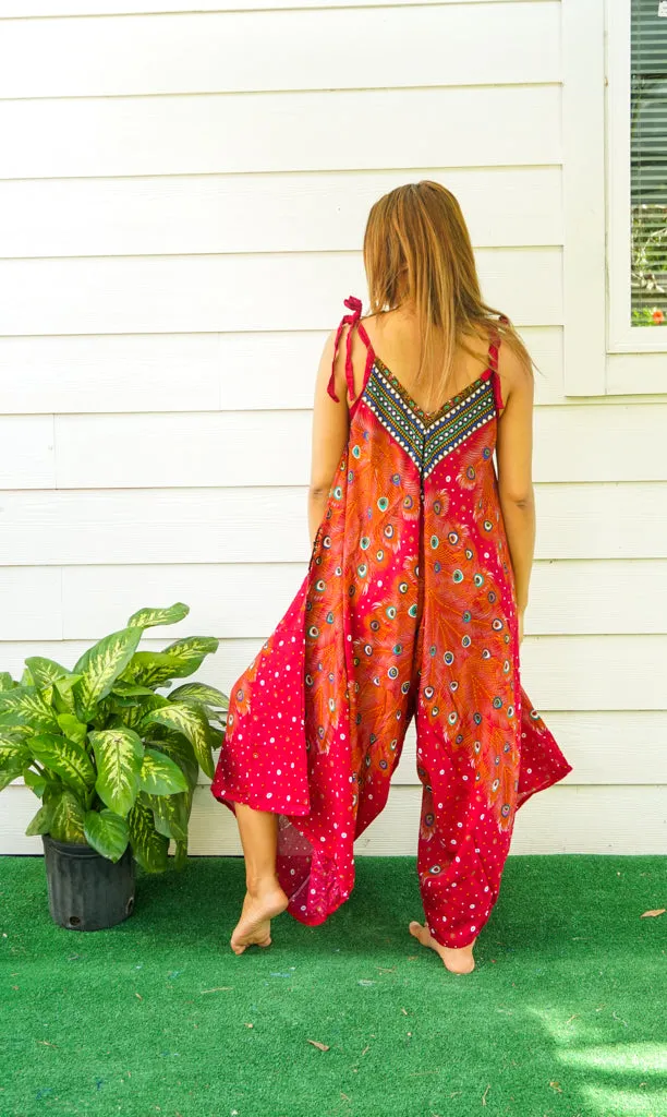 Fiery Peacock Feather Boho Jumpsuit