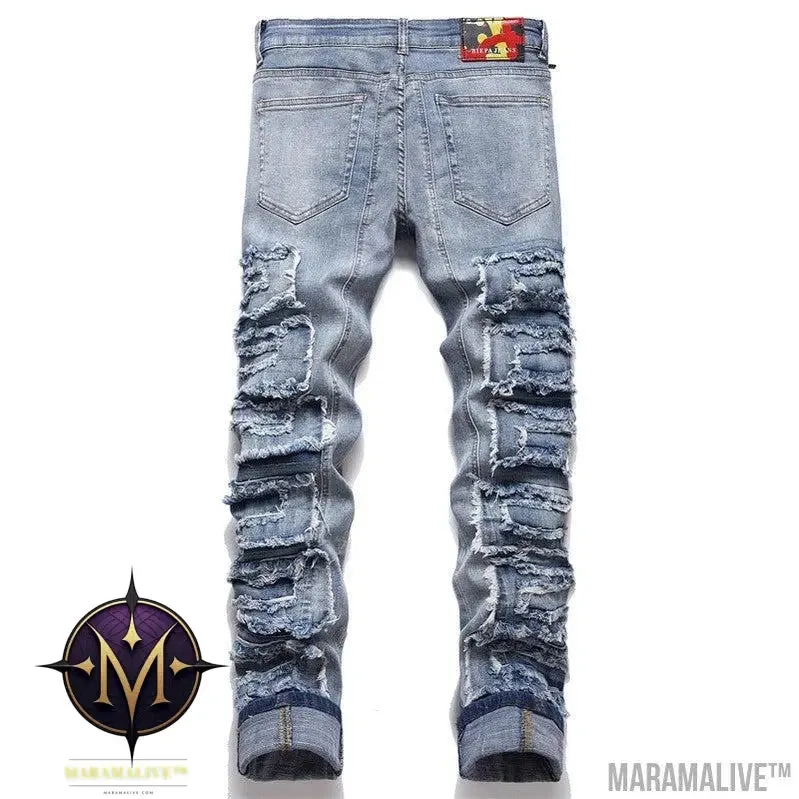 Foreign Trade Style Punk Trendy Blue With Holes Slim Stretch Hole Patch Pencil Pants Men's Jeans
