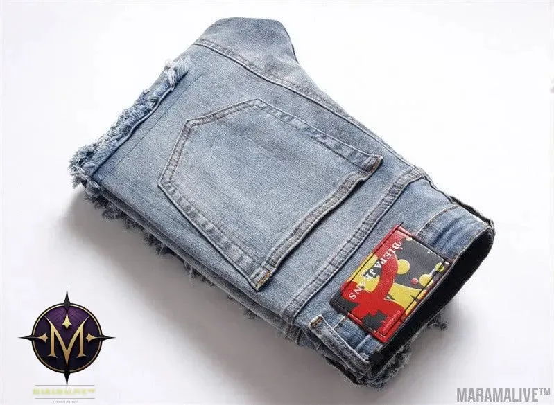 Foreign Trade Style Punk Trendy Blue With Holes Slim Stretch Hole Patch Pencil Pants Men's Jeans
