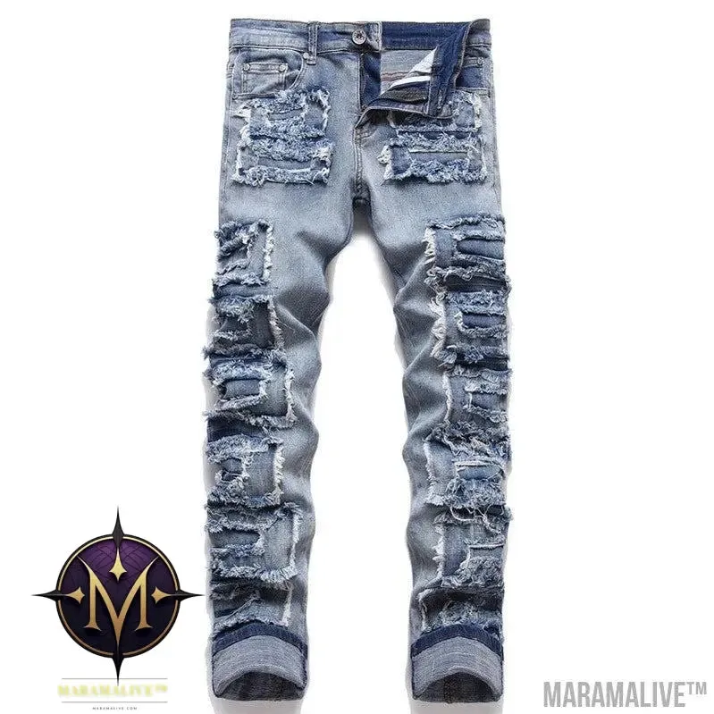 Foreign Trade Style Punk Trendy Blue With Holes Slim Stretch Hole Patch Pencil Pants Men's Jeans