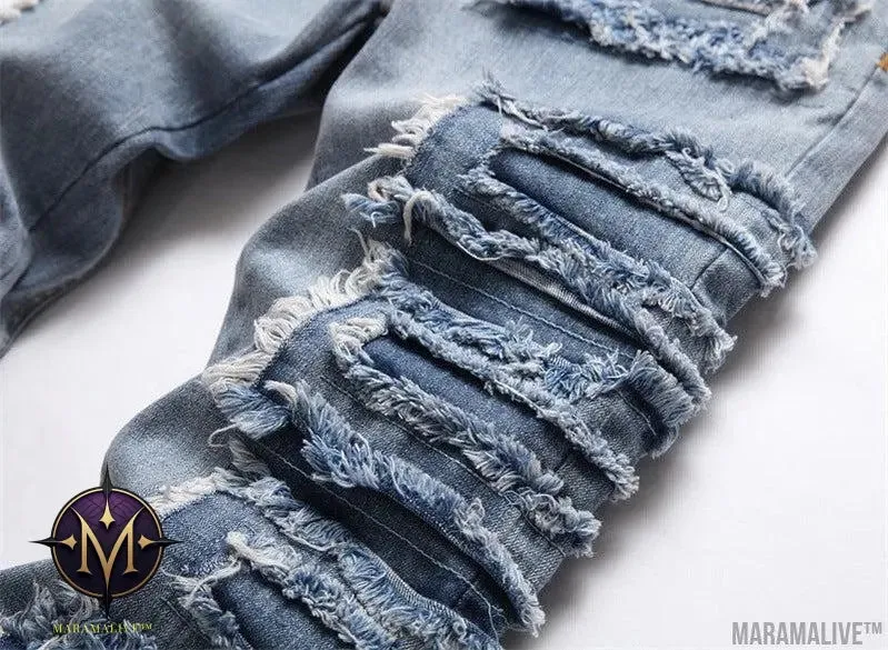 Foreign Trade Style Punk Trendy Blue With Holes Slim Stretch Hole Patch Pencil Pants Men's Jeans