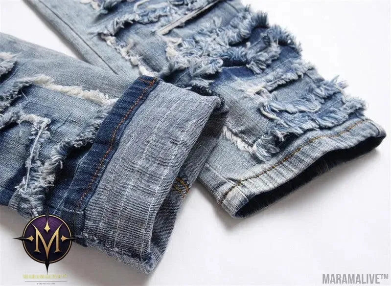 Foreign Trade Style Punk Trendy Blue With Holes Slim Stretch Hole Patch Pencil Pants Men's Jeans