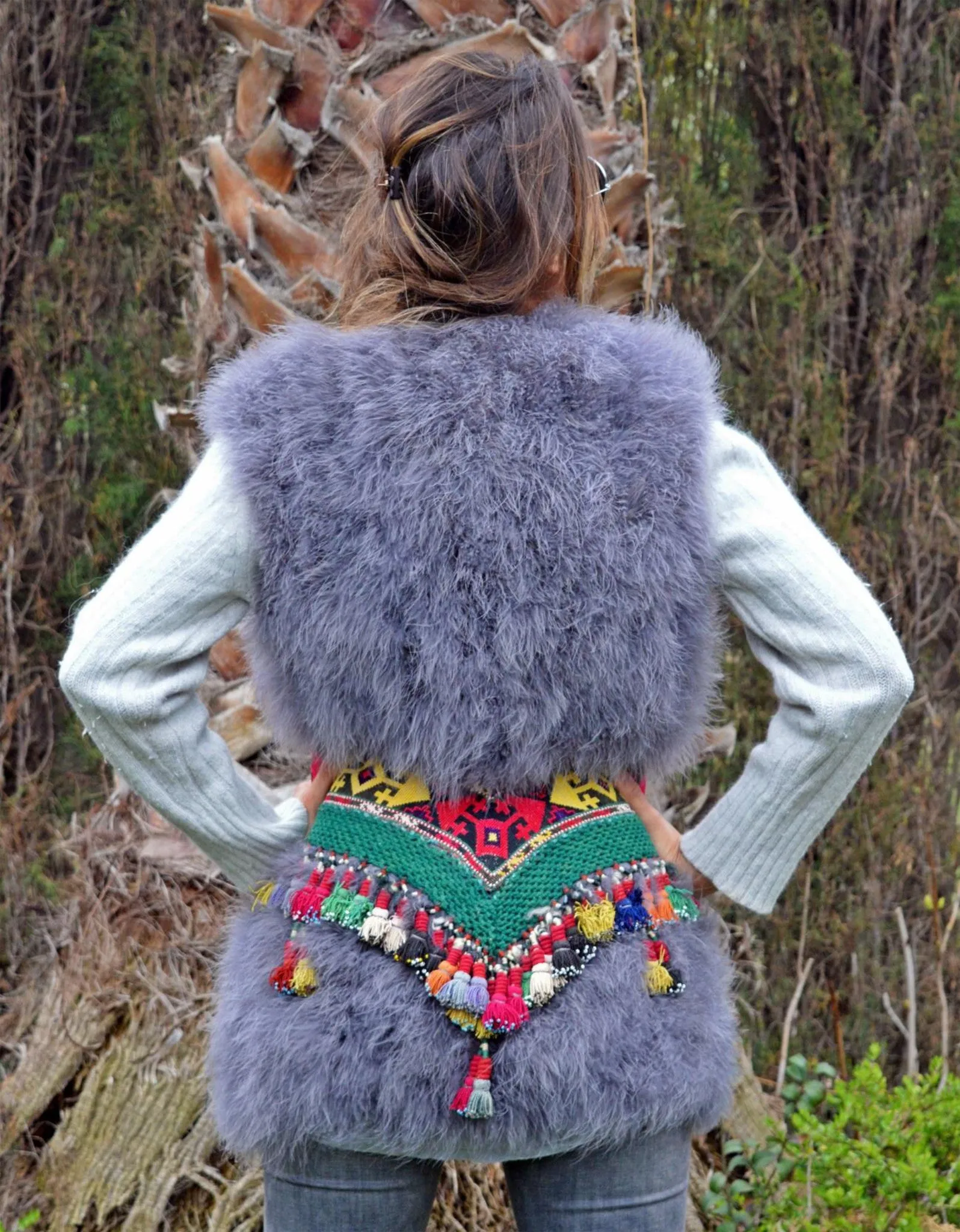 Fur Vest with Embellished Jewel Waist in Gray