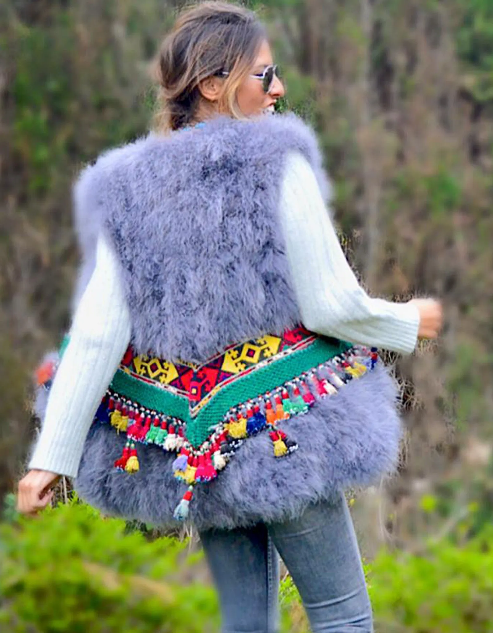 Fur Vest with Embellished Jewel Waist in Gray