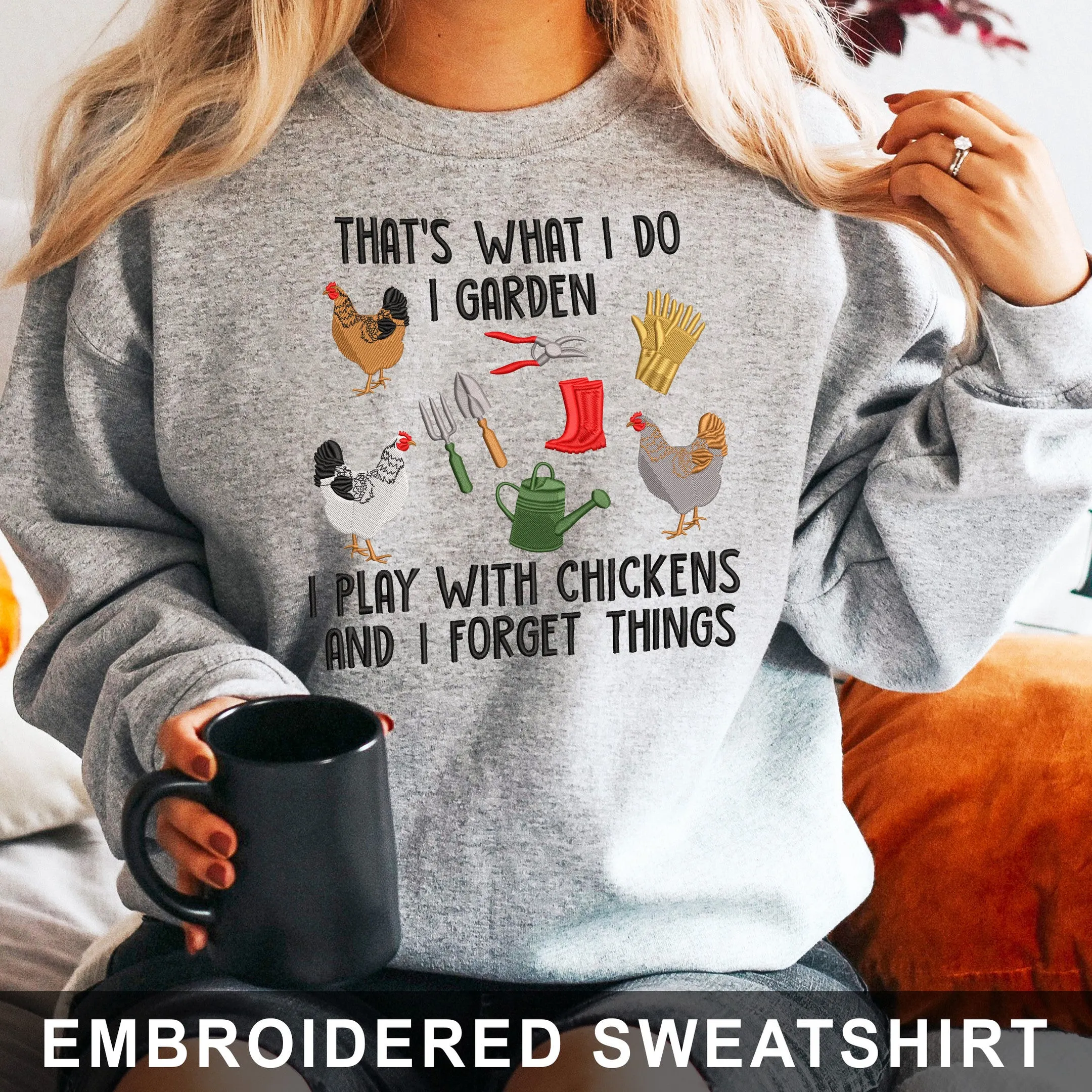 Garden and Chickens Embroidered Sweatshirt - Hoodie