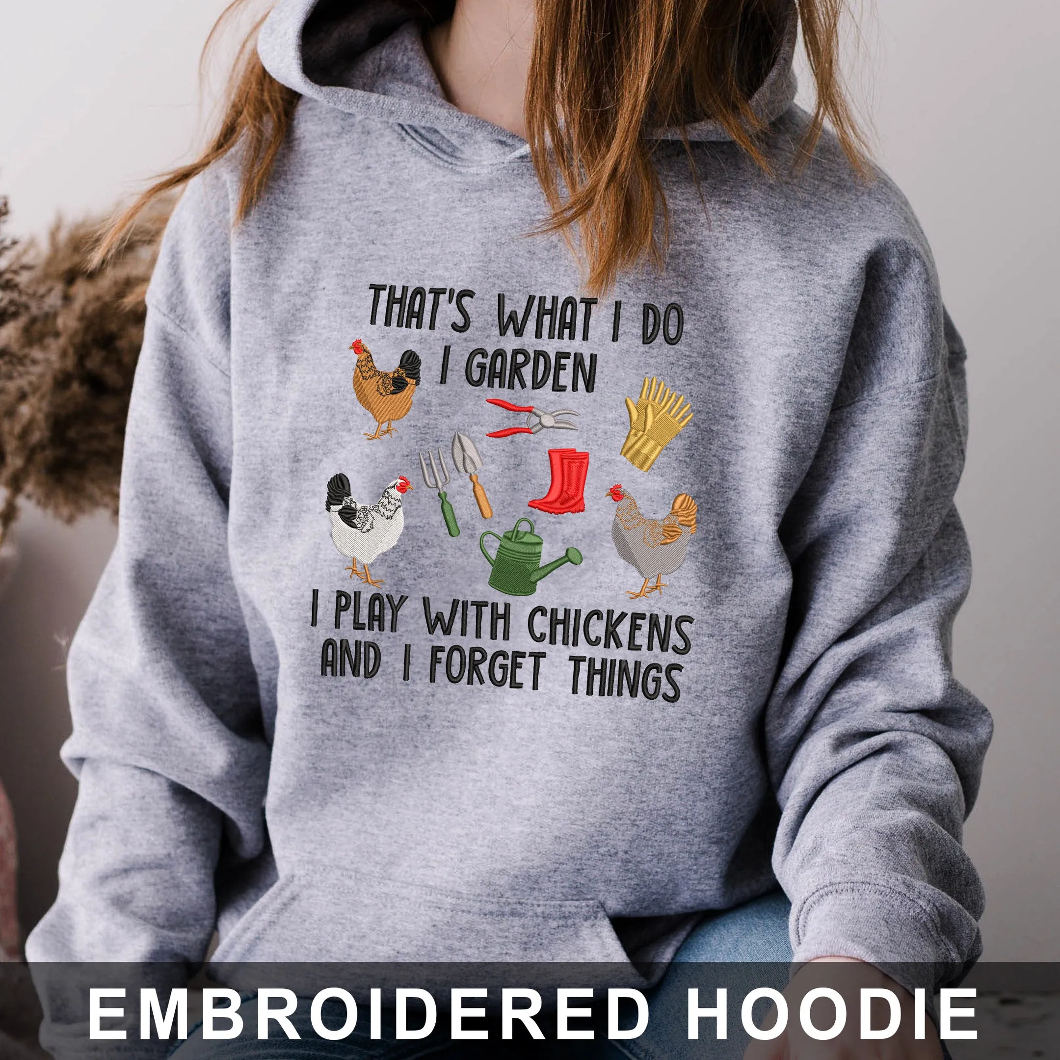 Garden and Chickens Embroidered Sweatshirt - Hoodie