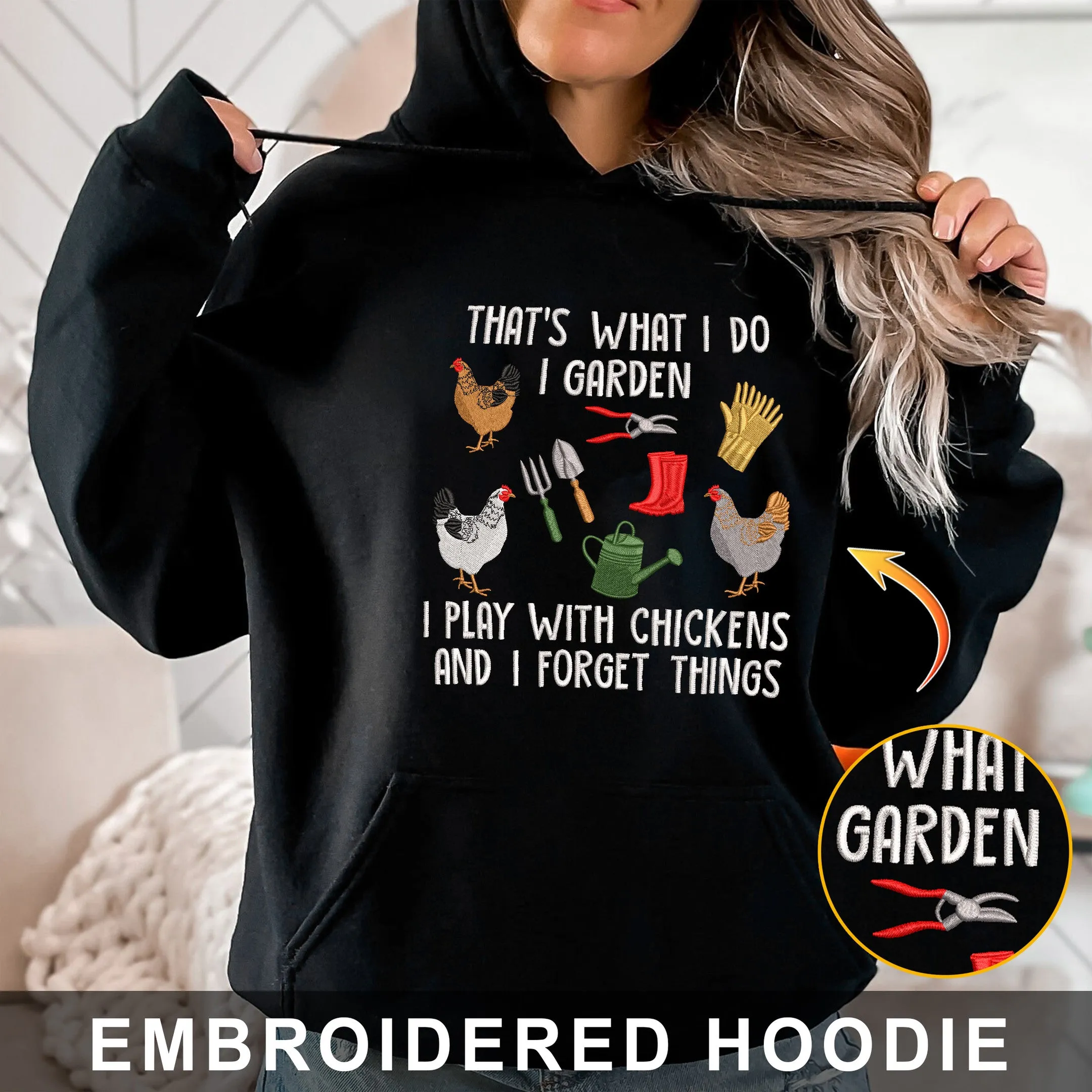 Garden and Chickens Embroidered Sweatshirt - Hoodie