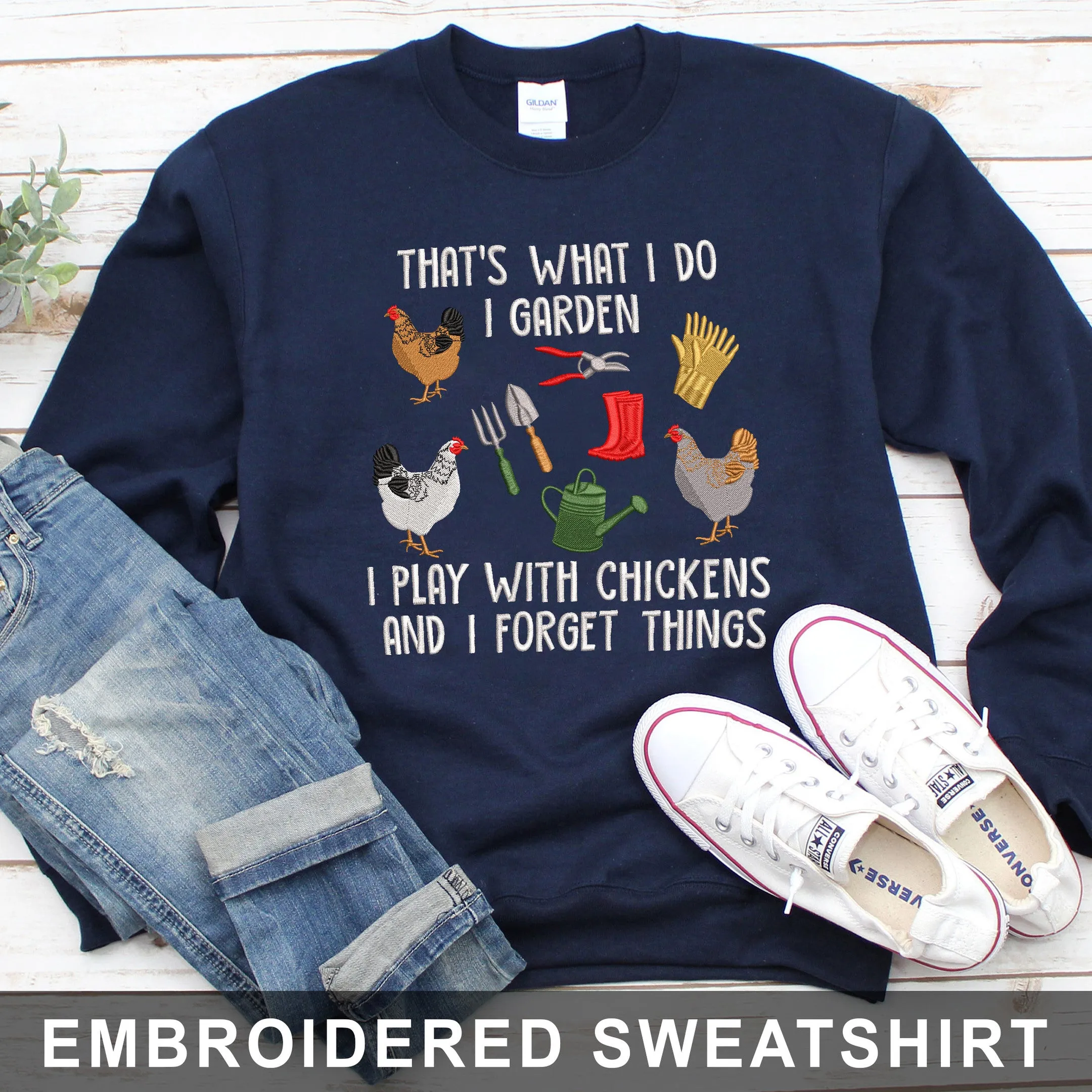 Garden and Chickens Embroidered Sweatshirt - Hoodie