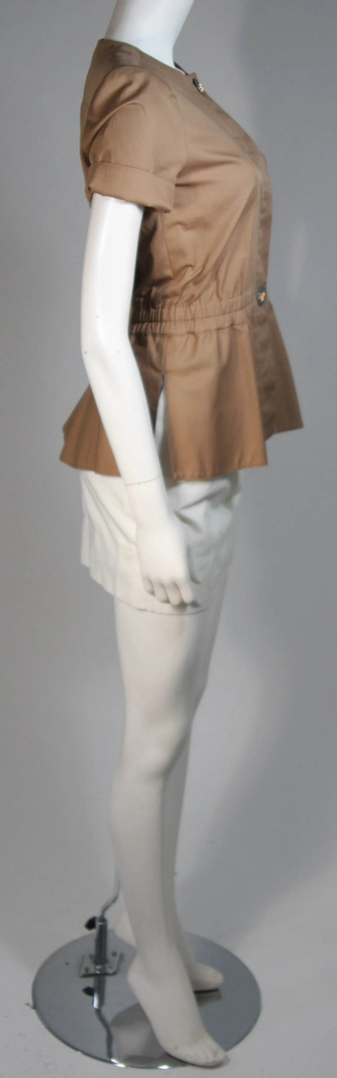 HERMES Khaki and White Safari Style Skirt Suit Size 2-4