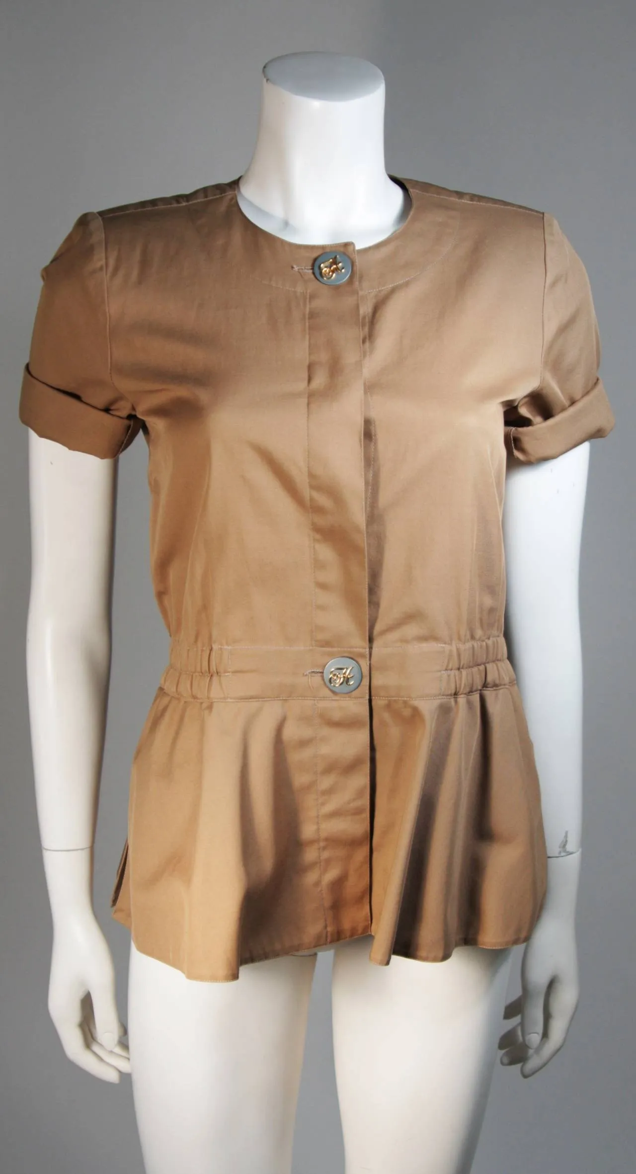 HERMES Khaki and White Safari Style Skirt Suit Size 2-4