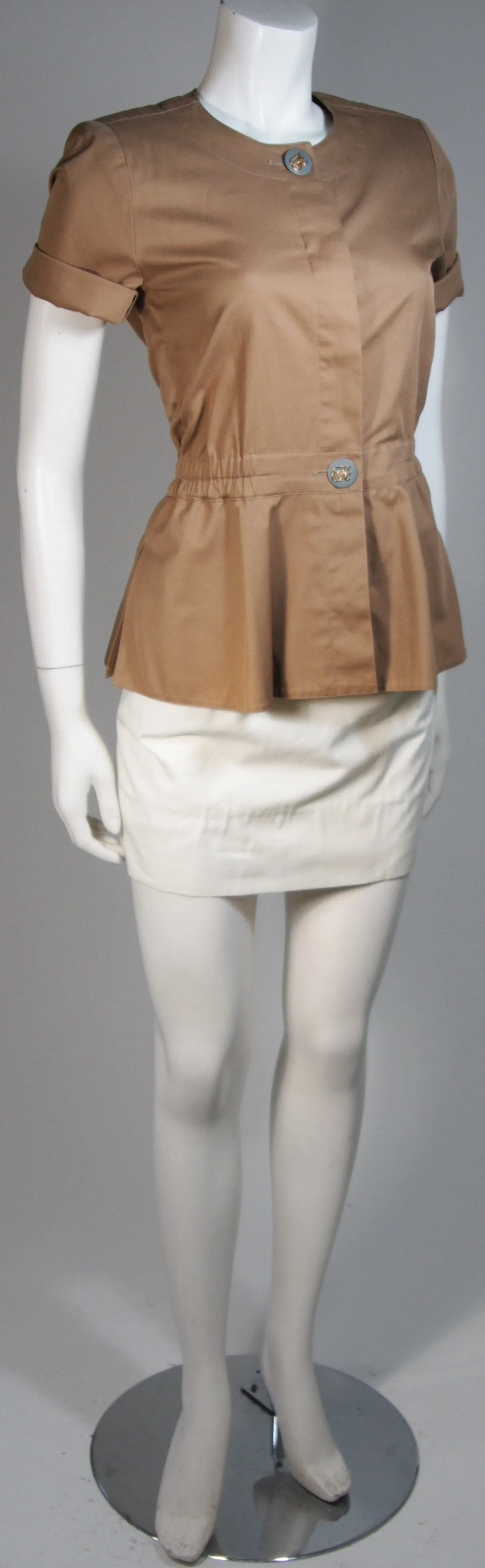HERMES Khaki and White Safari Style Skirt Suit Size 2-4