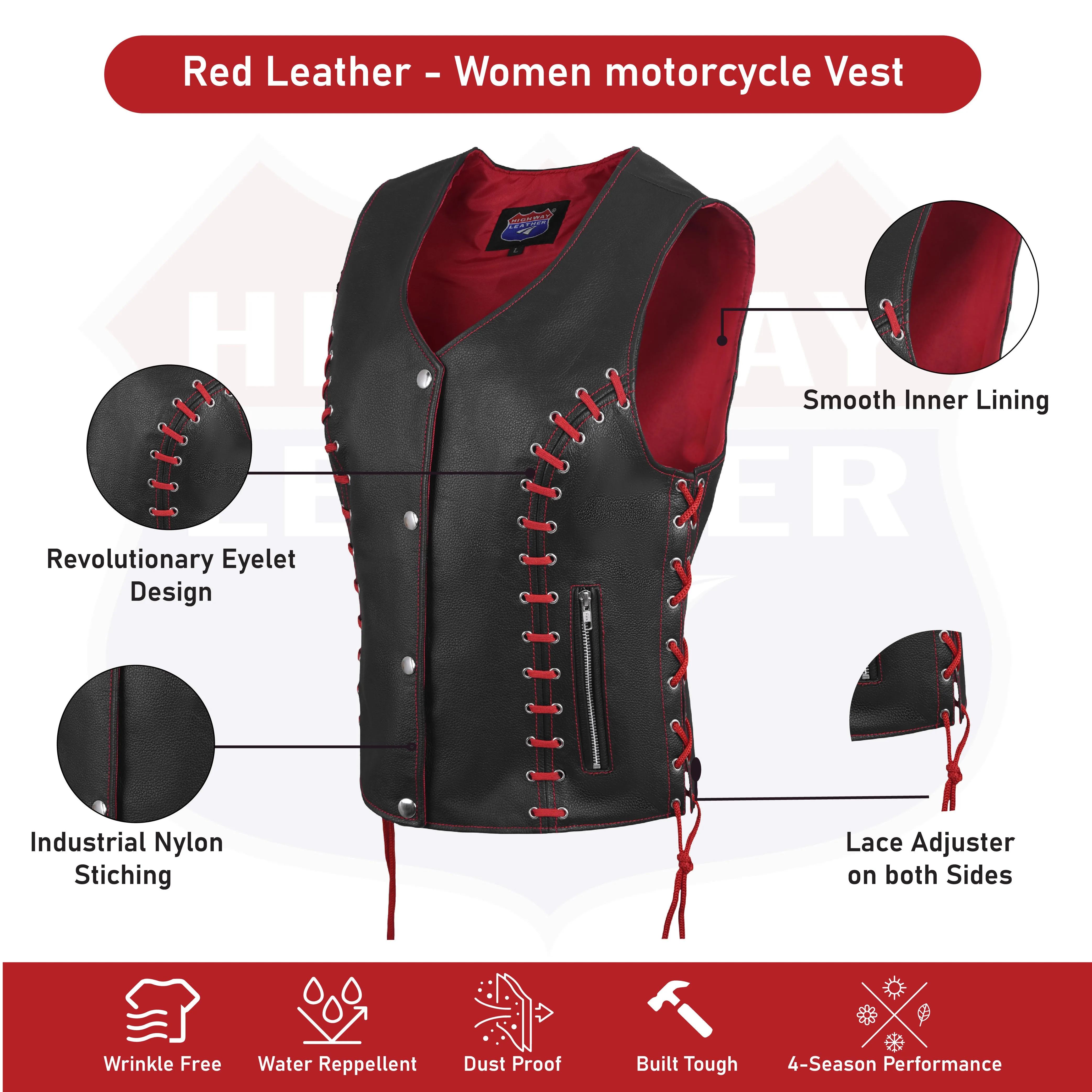 HL14859REDEYELET WOMEN SIDE LACE VEST  M/O BUFFALO LEATHER Red/BLK