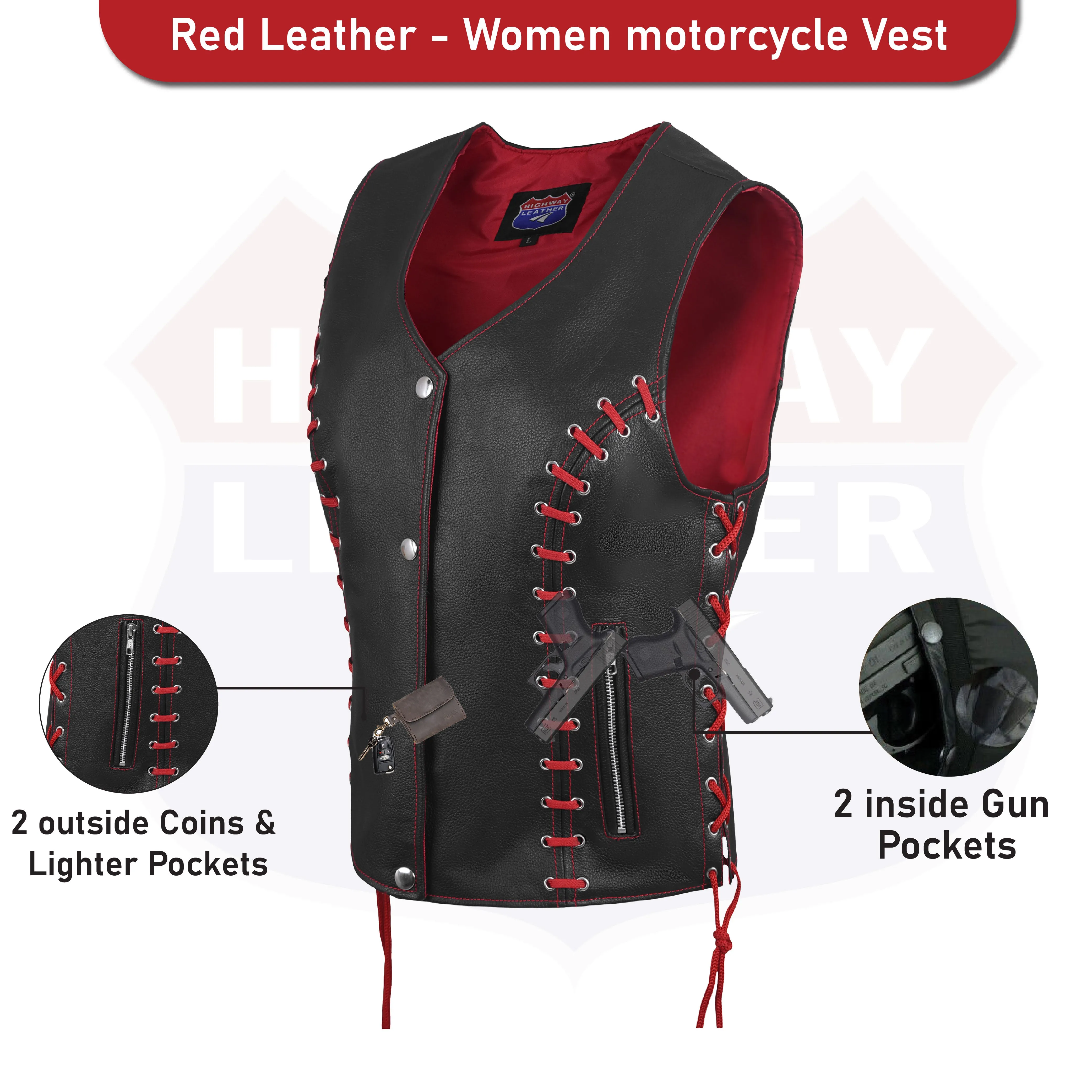 HL14859REDEYELET WOMEN SIDE LACE VEST  M/O BUFFALO LEATHER Red/BLK