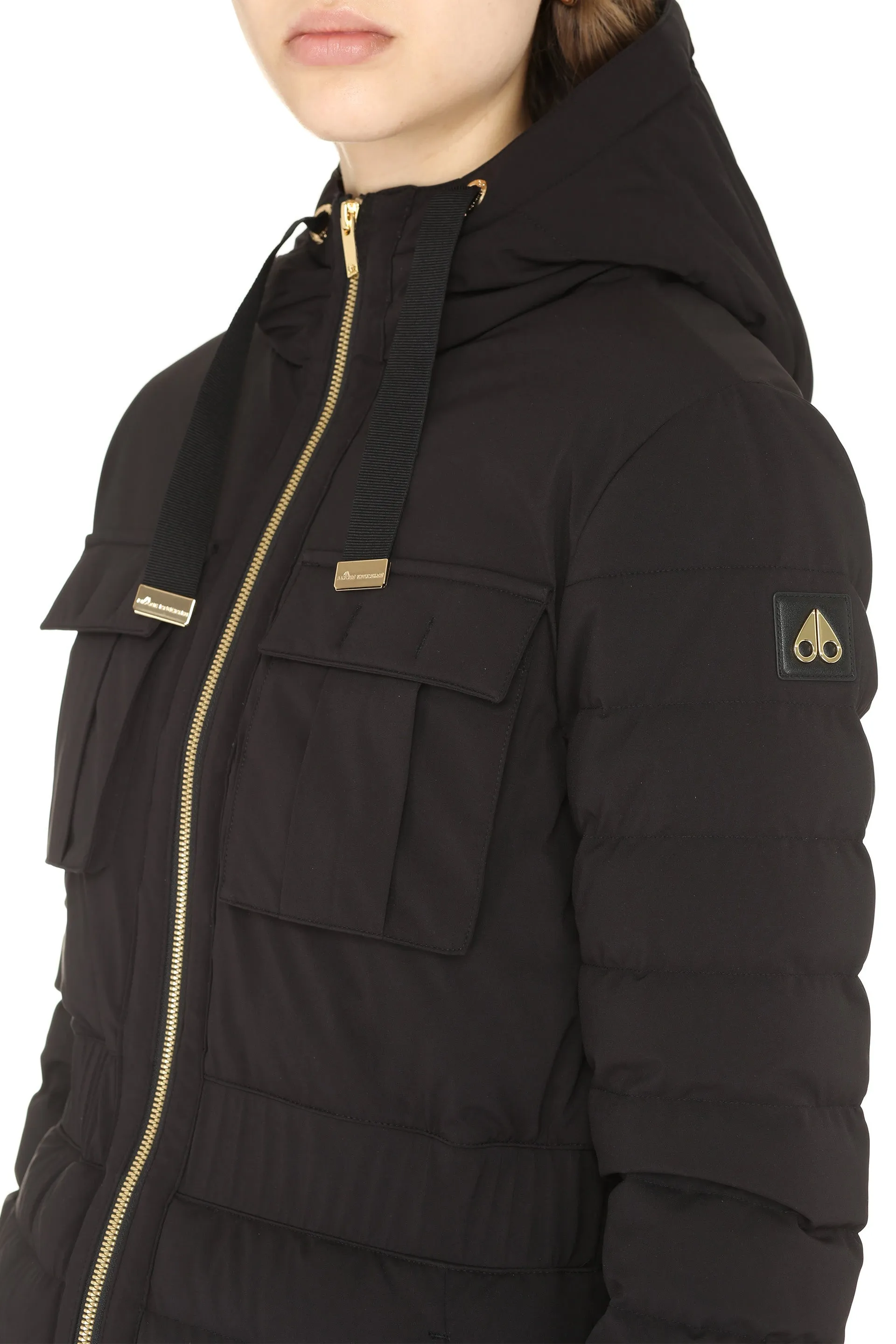 Hooded techno fabric downjacket