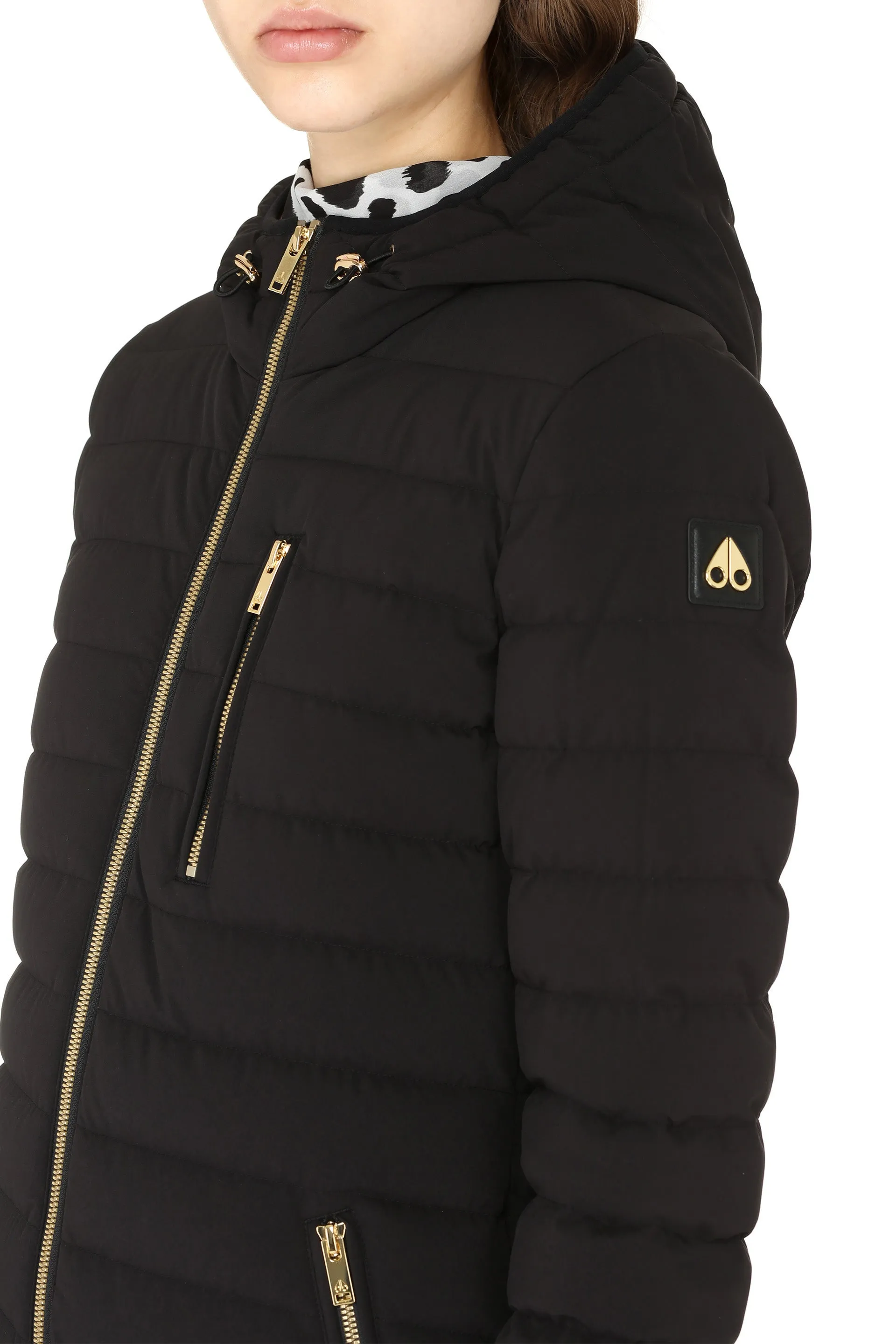 Hooded techno fabric downjacket