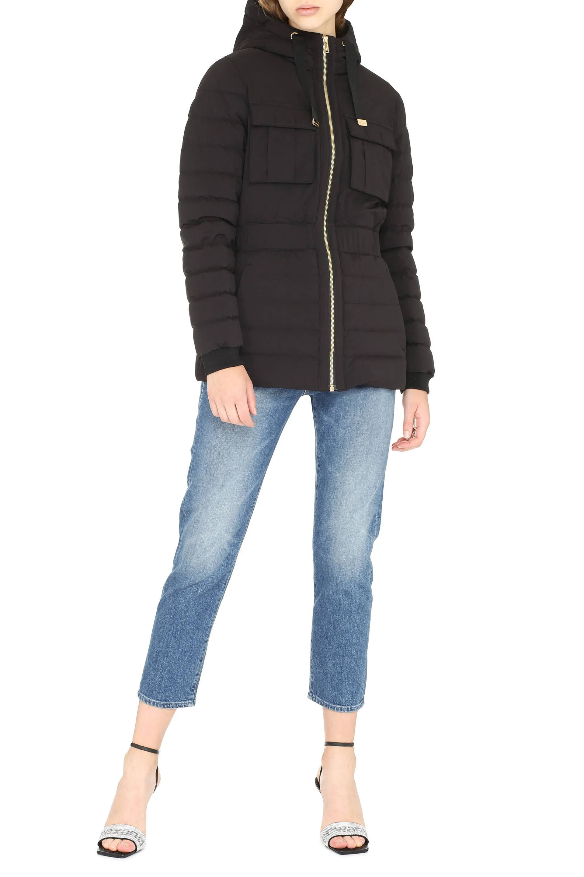 Hooded techno fabric downjacket