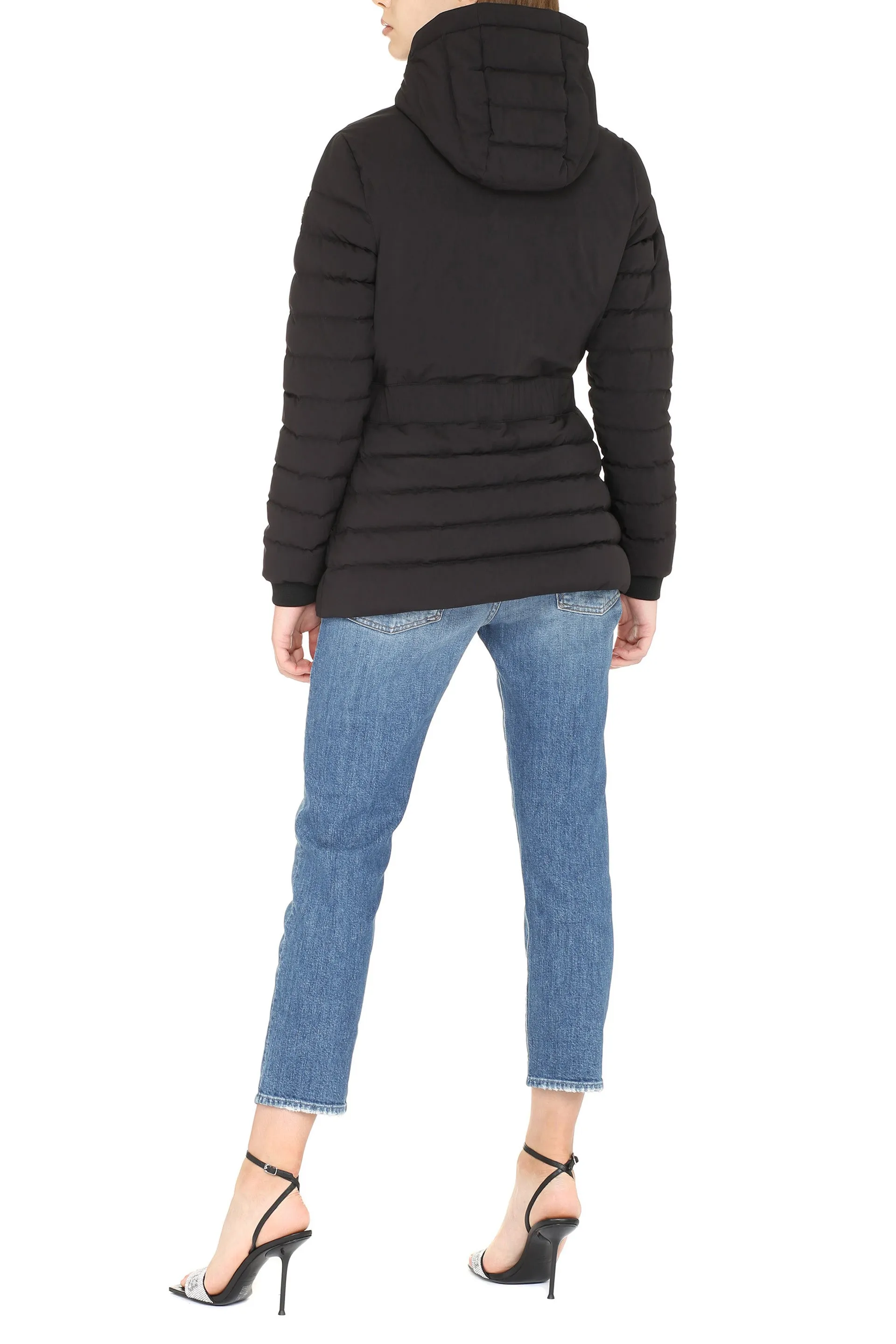 Hooded techno fabric downjacket