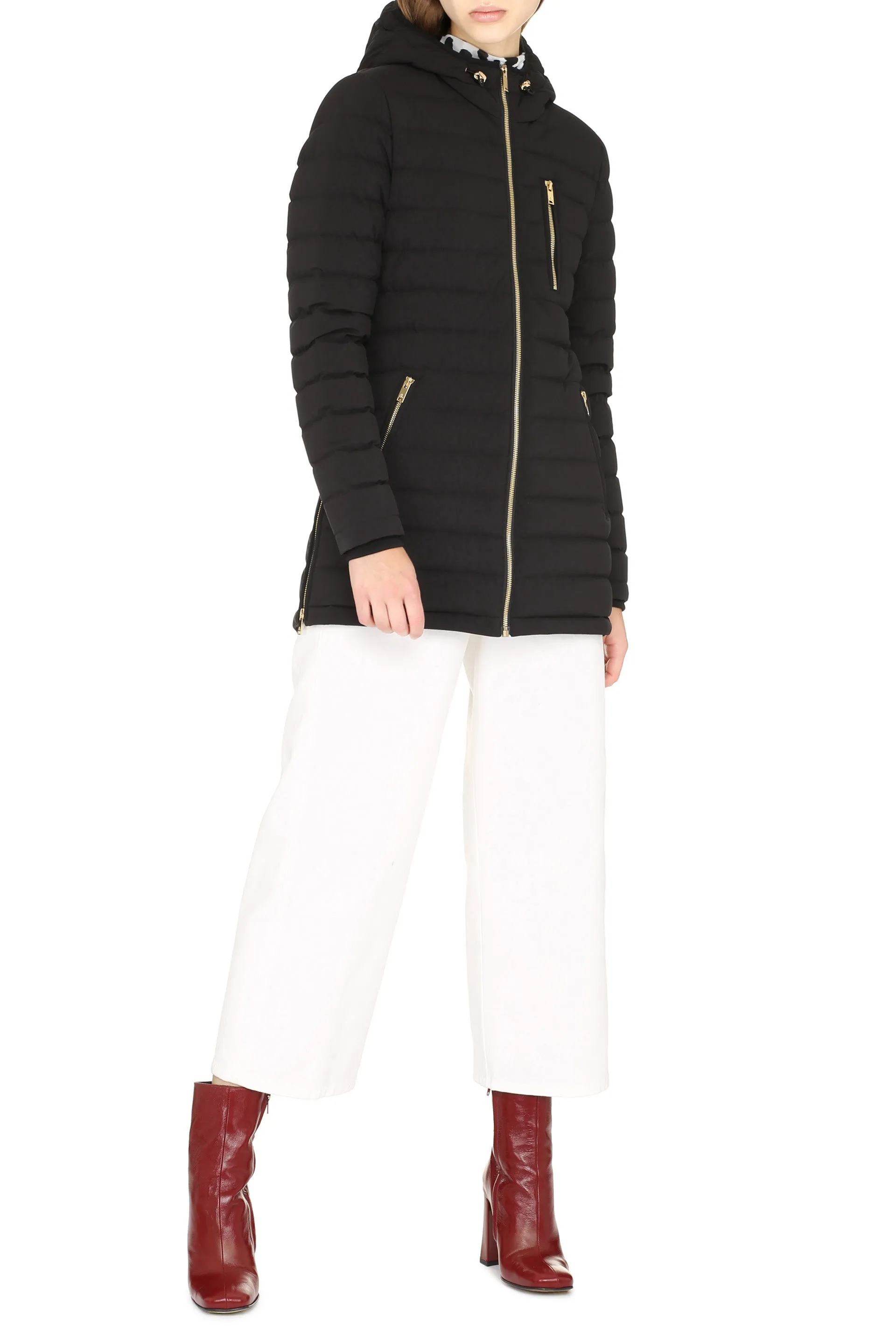 Hooded techno fabric downjacket