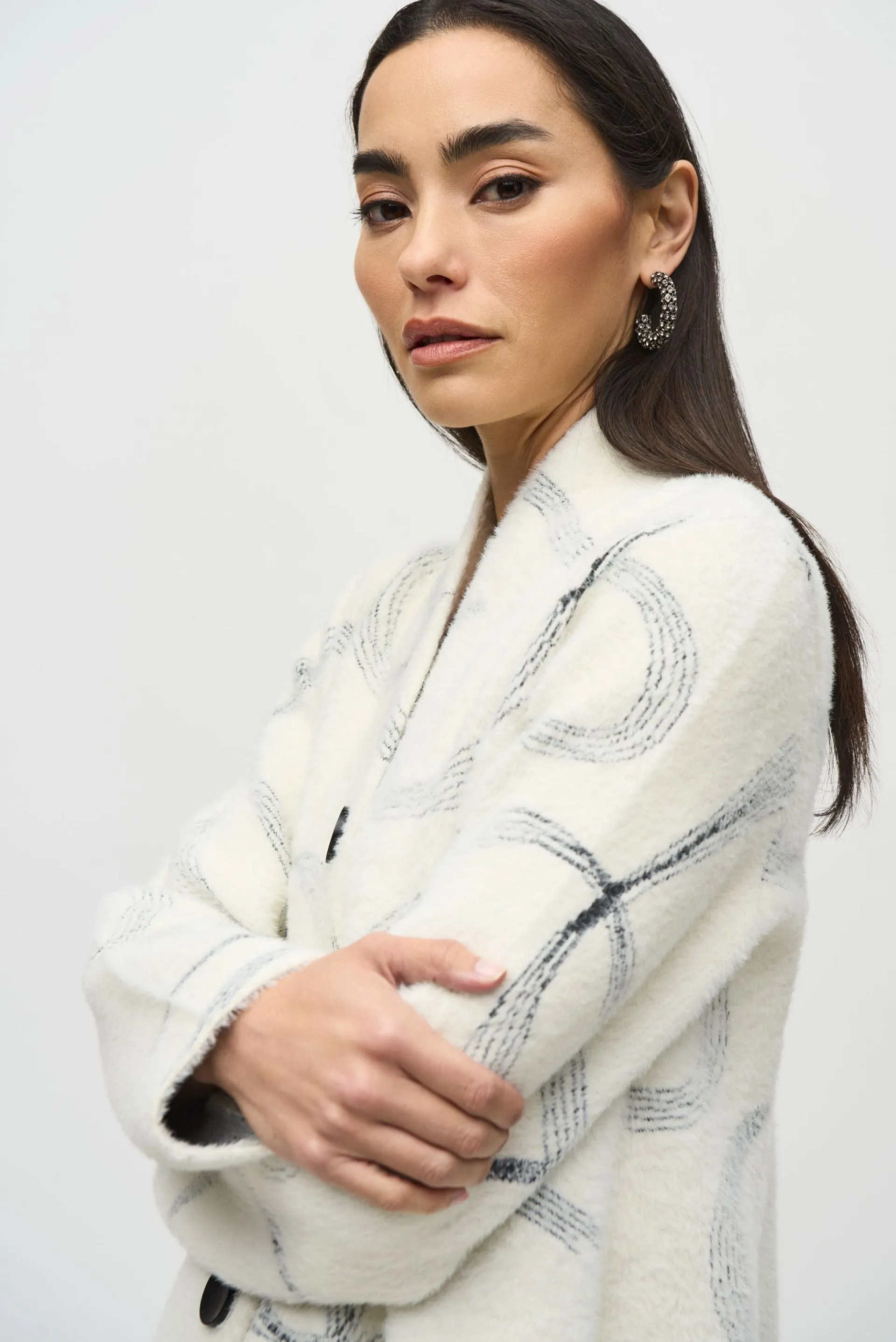 Joseph Ribkoff Vanilla/Black Abstract Feather Yarn Jacquard Coat 244930